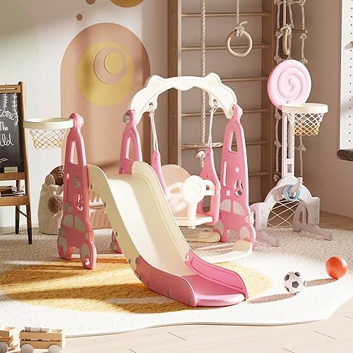 Juego de toboganes 5 en 1 para niños pequeños, estructura de juego para bebés, tobogán para niños con columpio, aro de baloncesto y pelota, campo de