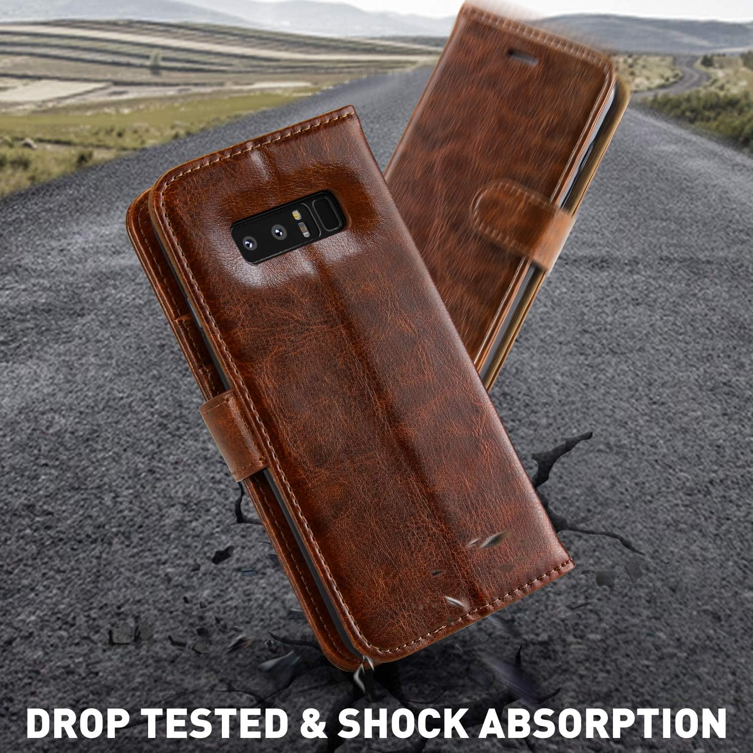 MONASAY Galaxy Note 8 Wallet Case, 6.3 inch, [Screen Protector Included][RFID Blocking] Flip Folio Leather Cell Phone Cover with Credit Card Holder for Samsung Galaxy Note 8 Brown