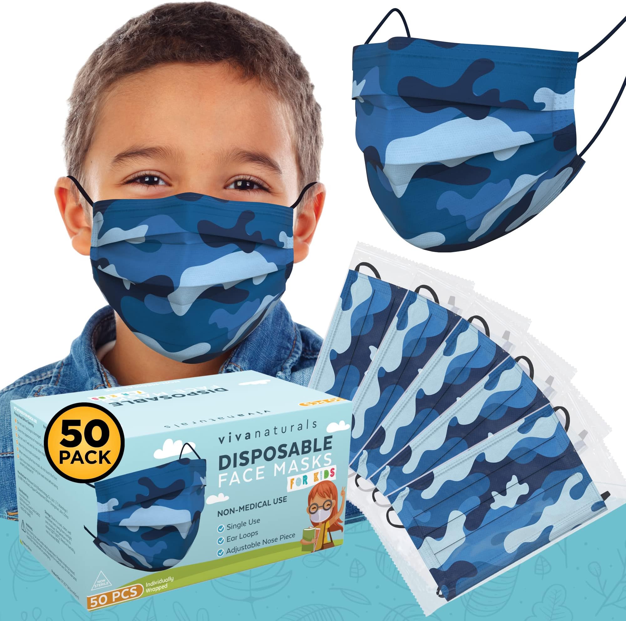 Kids Disposable Face Masks (50 Pack) - Non-Medical Kids Camo Masks Disposable Designed with Comfortable Earloops & Adjustable Metal Nose Strip, Premium 3-Ply Childrens Disposable Face Mask