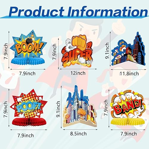 Miniatura 2 de 10 piezas de decoración de fiesta temática de héroe, centros de mesa de nido de abeja, letrero de acción, letrero de mesa, tarjetas de pie para