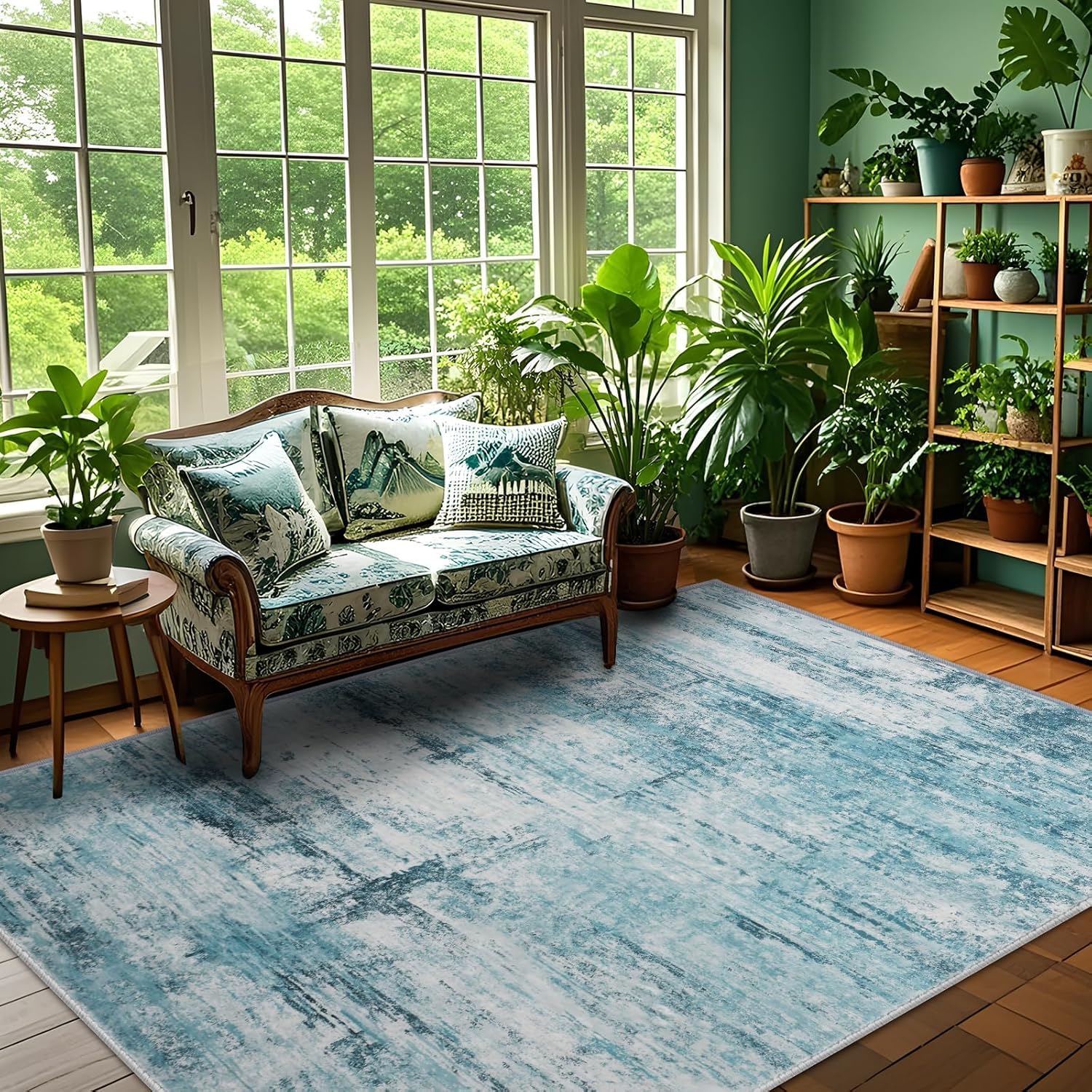 Tapis poils courts abstrait moderne bleu gris decoration entree 80x120 cm