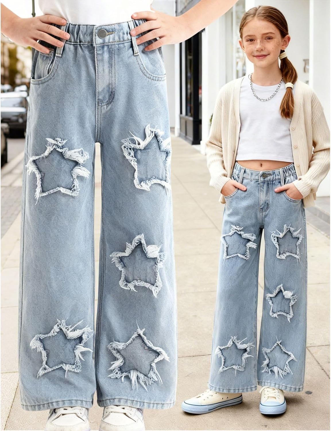 Girls Straight Leg Jeans High Waist Elastic Denim Pants Star Patch Design Light Blue for Kids 7–14