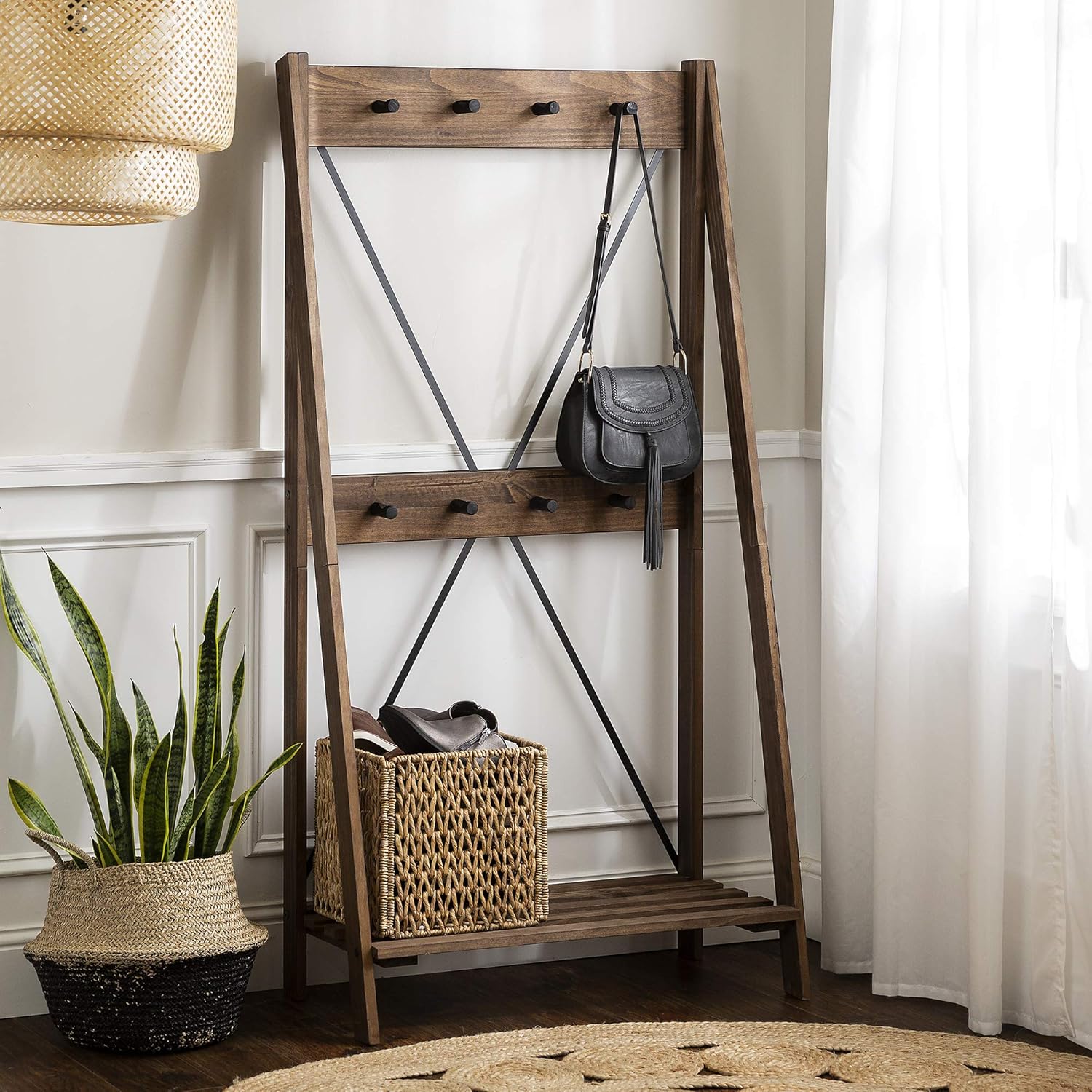 Walker Edison Solid Wood Angled Hall Tree, 68 Inch, Brown: Furniture & Decor