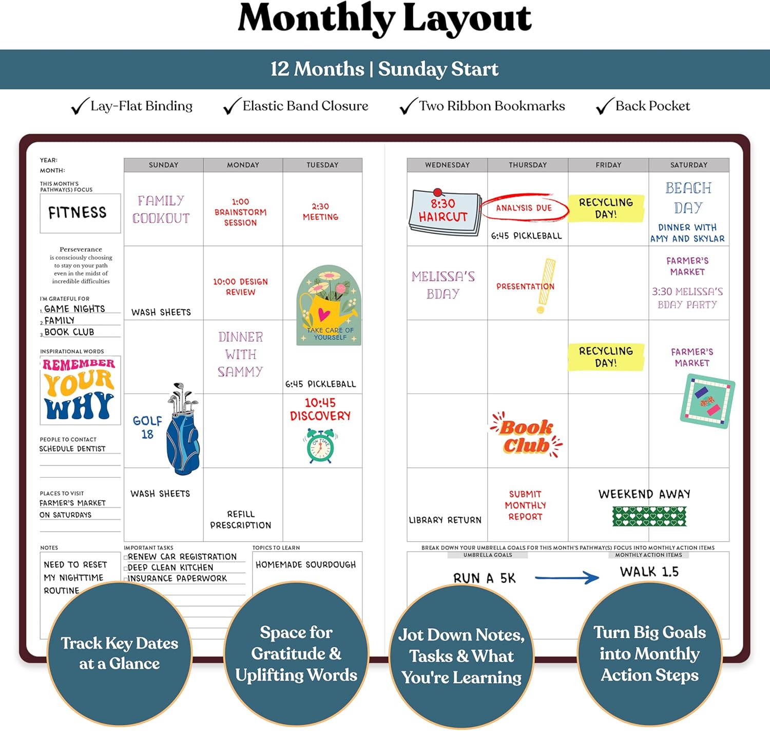 Define 12-Month Undated Monthly & Weekly Planner, Softbound, Goal Setting Pages, Premium Paper (Marble Burgundy)