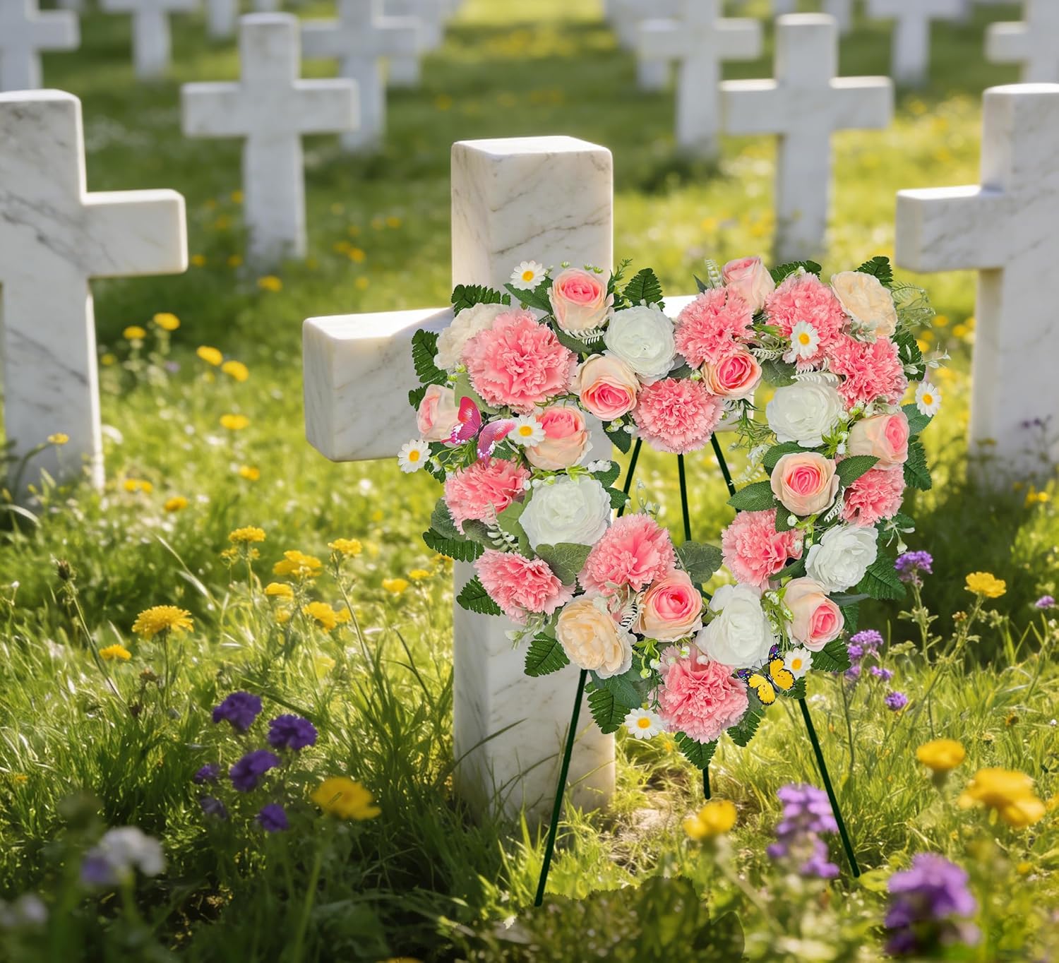 Cemetery Wreaths for Christmas - Ebullient Standing Heart, Grave Wreath with Easel Stand,Memorial Floral- Carnation Rose
