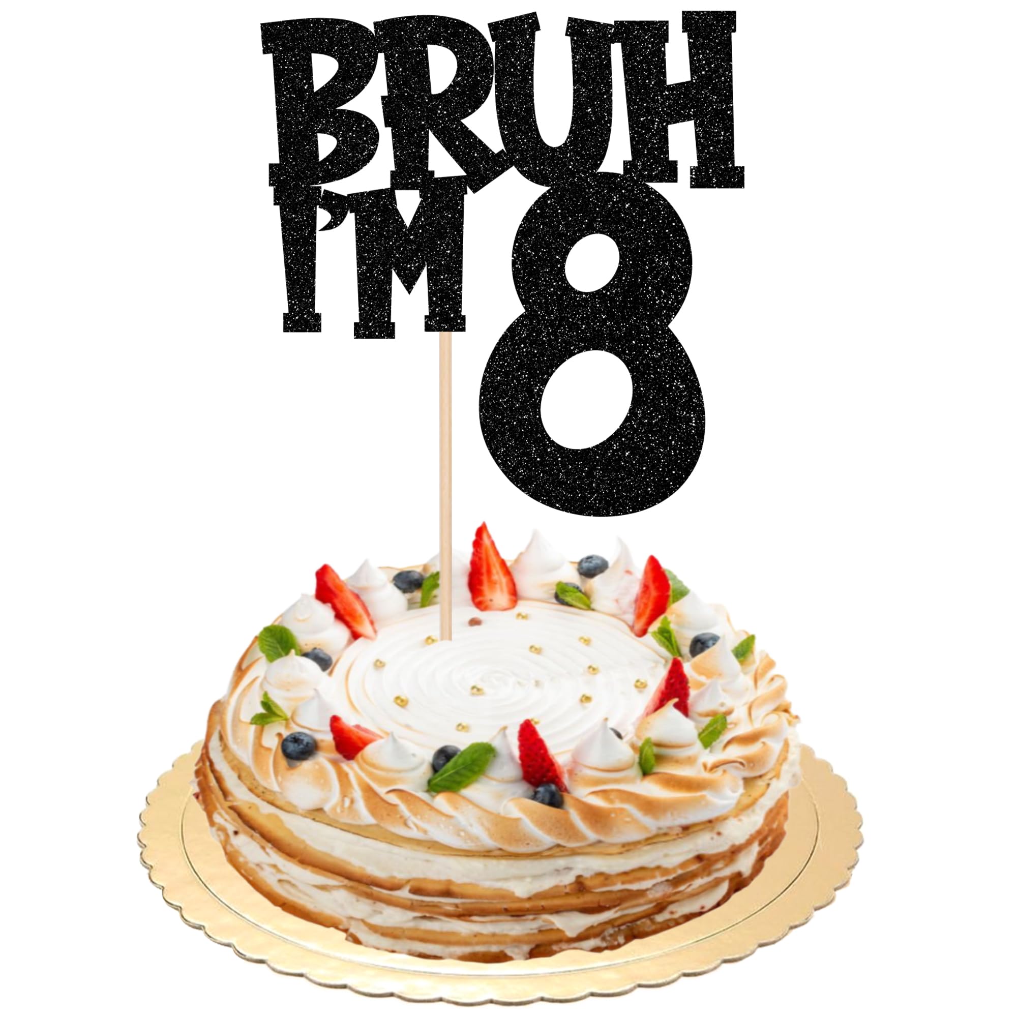 1 PCS Bruh I'm 8 Cake Topper Black Glitter Happy 8th Birthday Cake Pick Bro I'm 8 It's My 8th Birthday Cake Decoration for Cheers to 8 Years Birthday