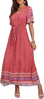 Womens Summer Maxi Boho Beach Dress Floral Print Dress V Neck Short Sleeve Drawstring High Waist Flowy Long Midi Dresses