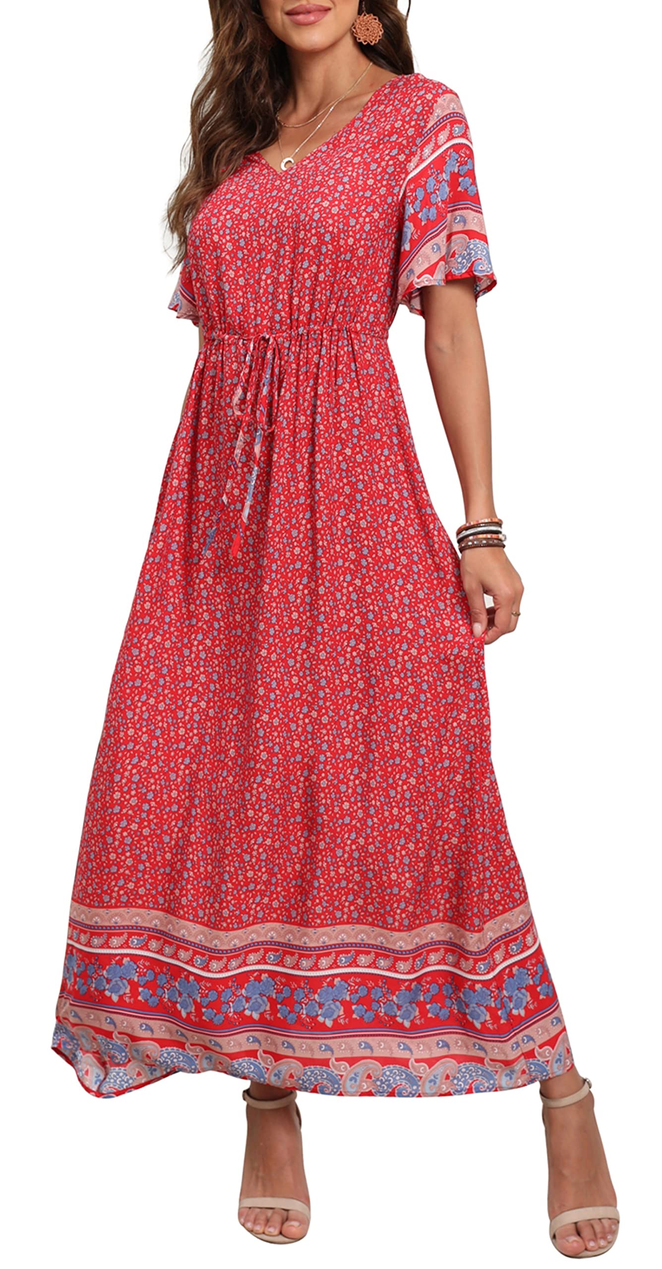 GRECERELLEWomens Summer Maxi Boho Beach Dress Floral Print Dress V Neck Short Sleeve Drawstring High Waist Flowy Long Midi Dresses