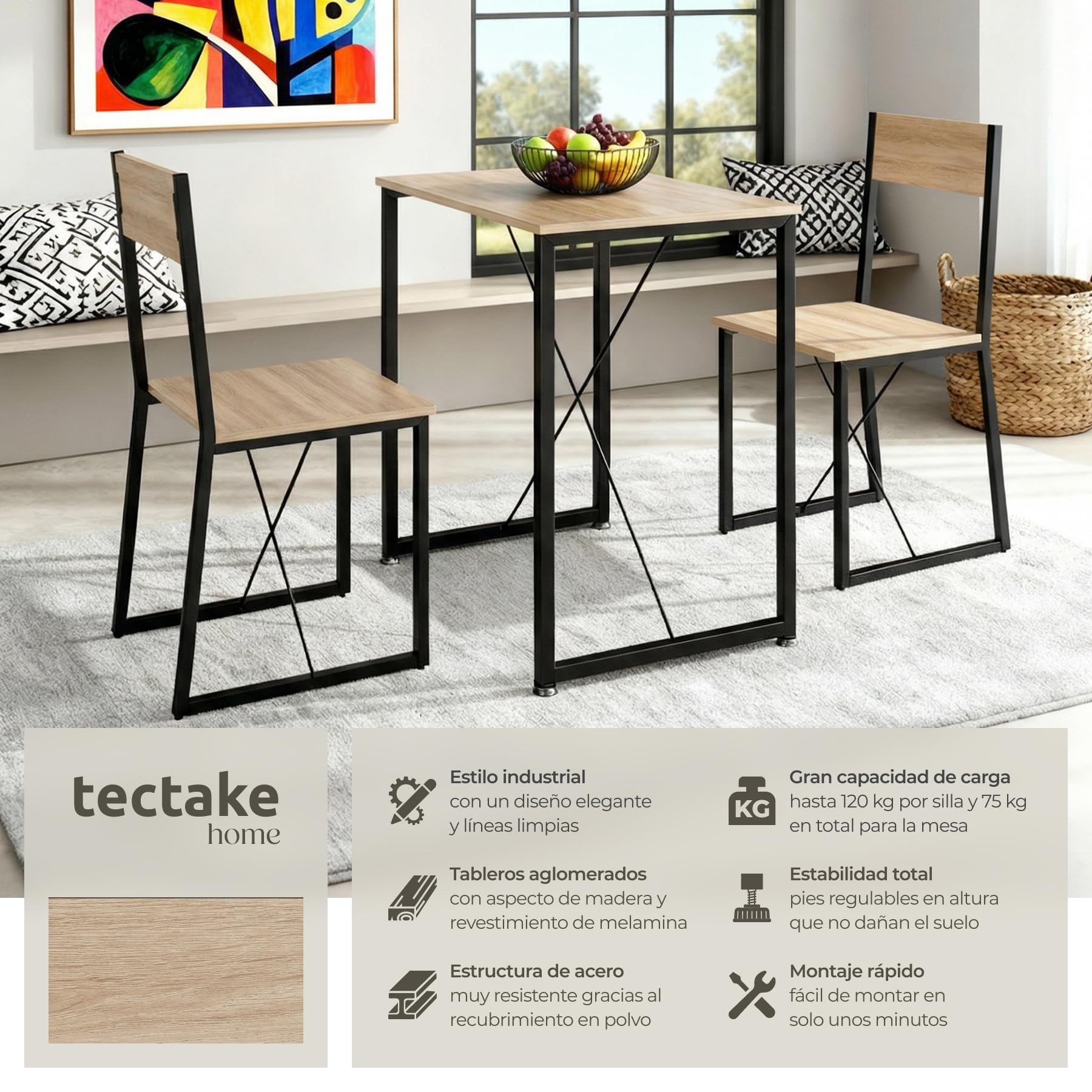tectake Conjunto de Comedor, Juego de Dos sillas y Mesa para el salón, Conjunto de Asientos para la Cocina, Set de Muebles de Interior (Madera Industrial Clara)