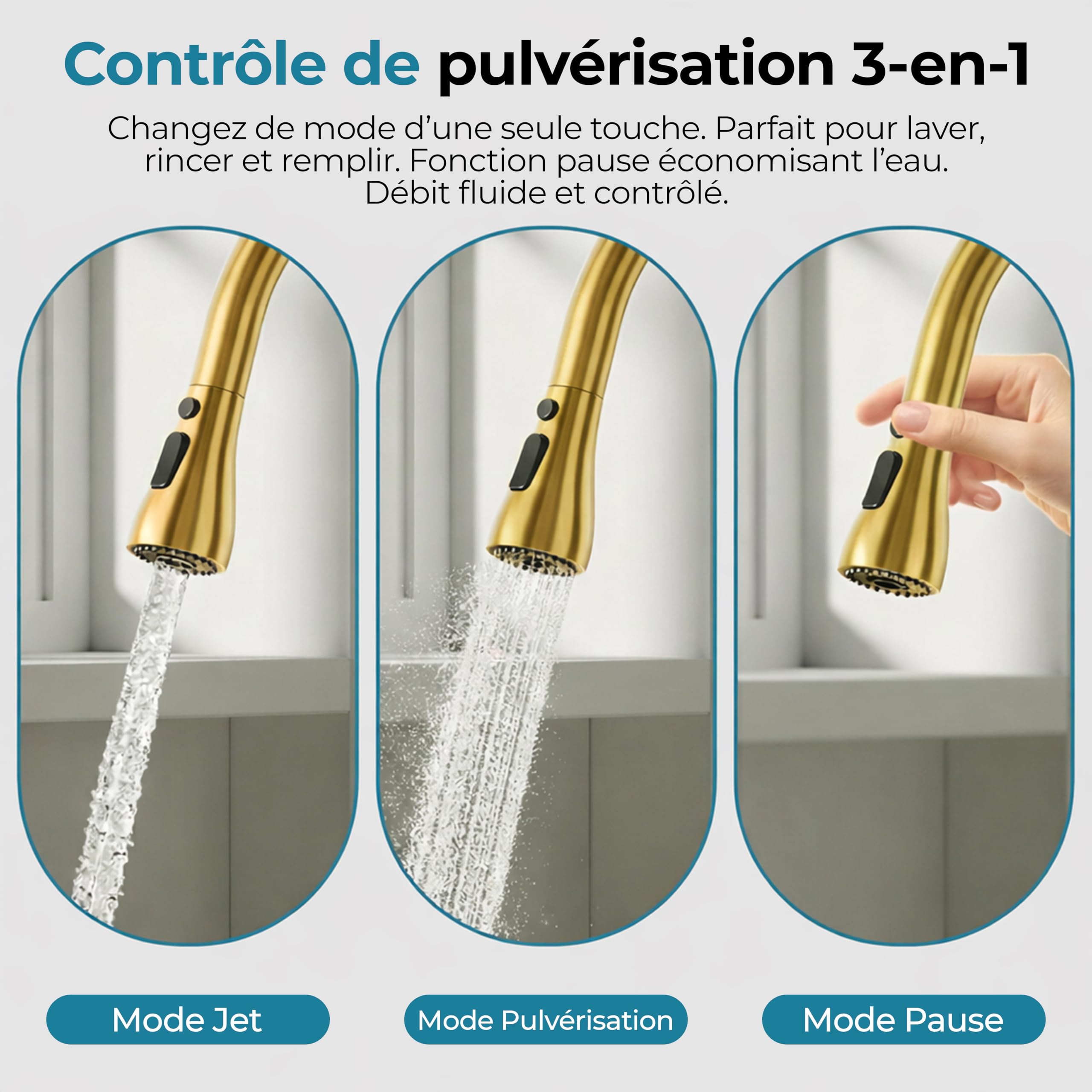 MELTA. Robinet Cuisine Douchette Extractible Pivotant 360° – Mitigeur Cuisine Évier Arc Élevé en Acier Inoxydable, Robinet Flexible avec 3 Modes Jet, Tête Pulvérisation Extractible (OR BROSSÉ) - 5