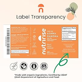 NutriRise Organic Ashwagandha Root Capsules with Black Pepper, 1300mg, Natural Stress & Mood, Thyroid, and Immune Support Supplement, Clarity, Focus & Energy, Gluten Free, 120 Count