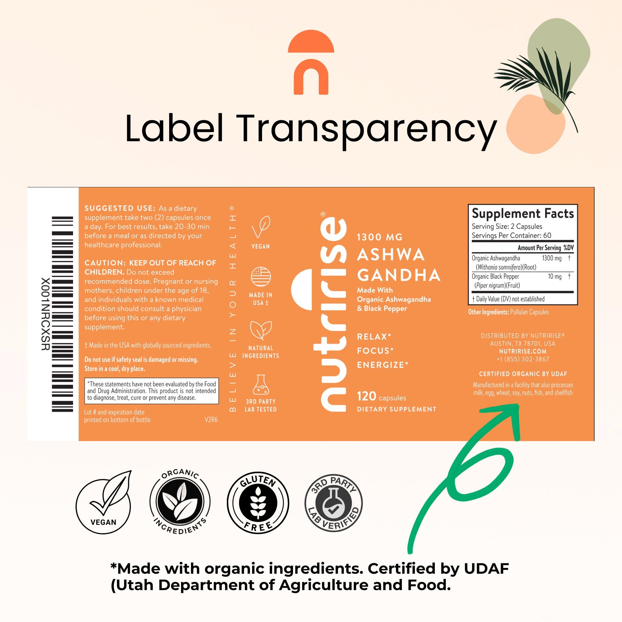 NutriRise Organic Ashwagandha Root Capsules with Black Pepper, 1300mg, Natural Stress & Mood, Thyroid, and Immune Support Supplement, Clarity, Focus & Energy, Gluten Free, 120 Count