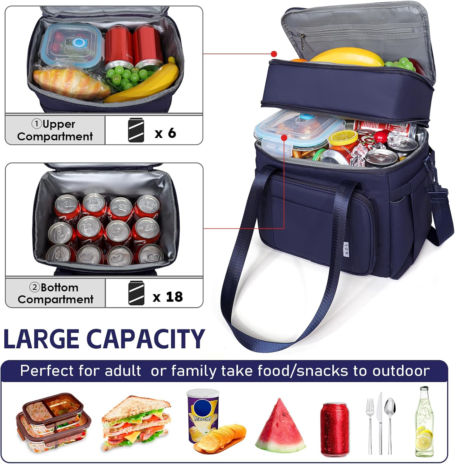 NOL Natural Organic Lifestyle Insulated Lunch Bag for Women/Men, Large Double-layer Expandable Leakproof Lunch Cooler Bag, Lunch Tote Bag With Side Tissue Pocket for Office Travel Picnic (Navy blue