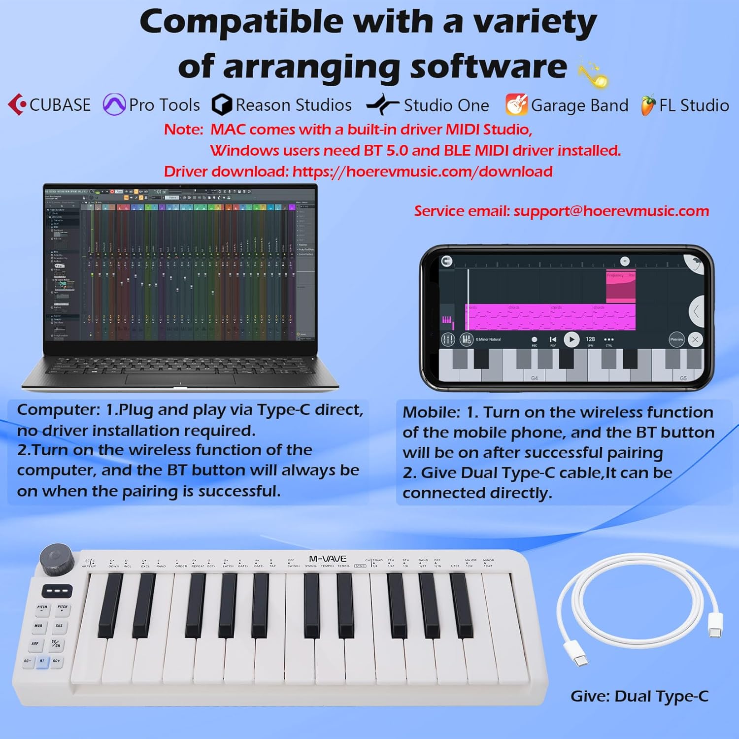 M-VAVE 25 Keys Mini Keyboard – Professional Beat Maker and Keytar for Keyboard Music Production Builtin Battery Wireless Connect White