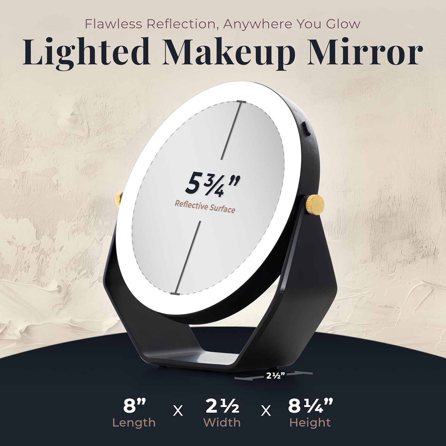 Image showing the Zadro Lighted Makeup Mirror with its dimensions labeled: 8 inches length, 2.5 inches width, 8.25 inches height, and a 5.75 inch reflective surface.