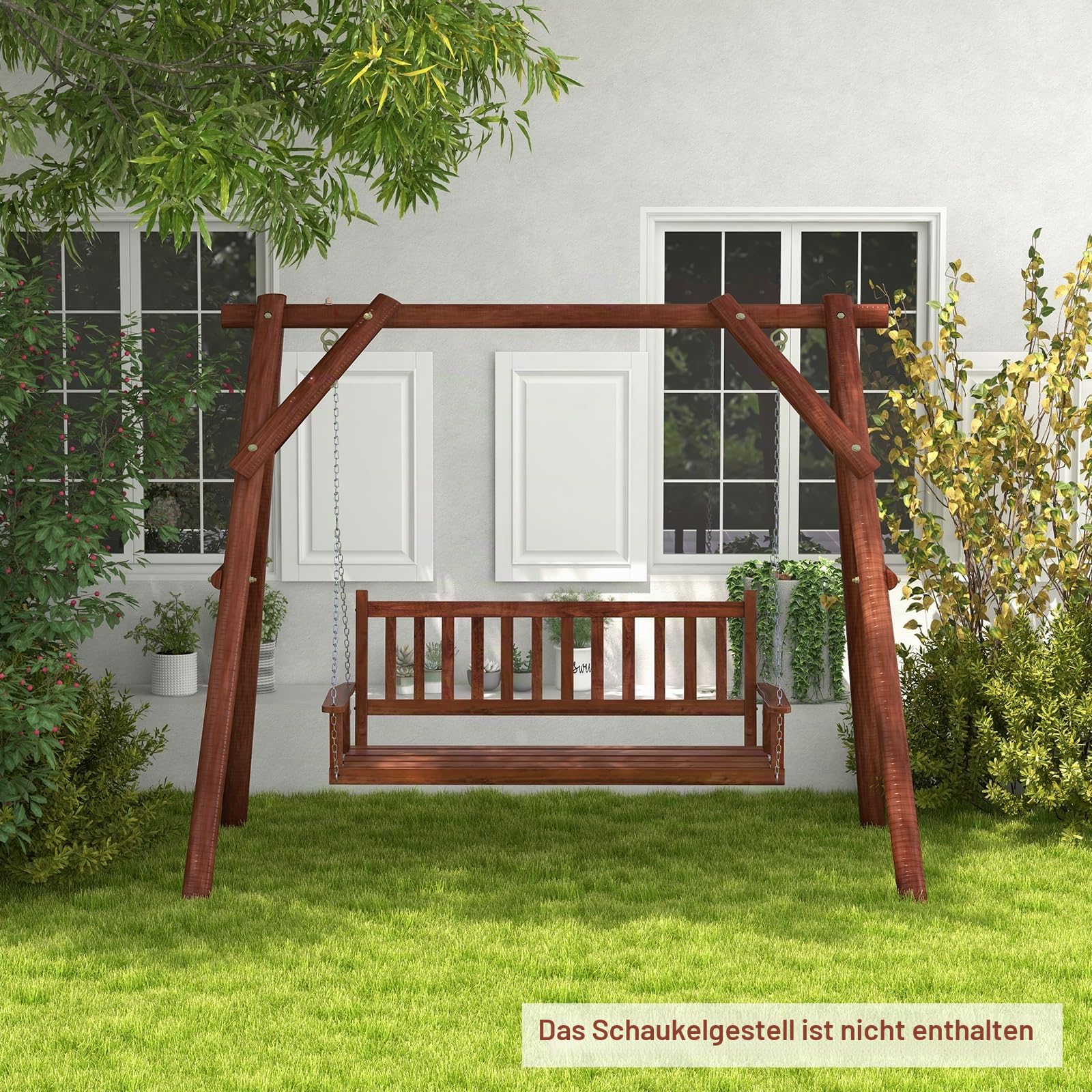 GIANTEX Hängeschaukel aus Holz, für 2/3 Personen, mit verstellbaren und robusten verzinkten Metallketten, mit Rückenlehne aus Latten und Sitz für Terrasse, Garten (168 x 65 x 63 cm, Braun)