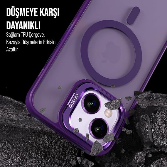 Babilden iPhone 14 Plus İçin Kılıf Kamera Korumalı Magsafe İle Uyumlu Kablosuz Şarj Özellikli Mat Şeffaf Renkli Standlı Lens Hediyeli Telefon Kılıfı (Mor)