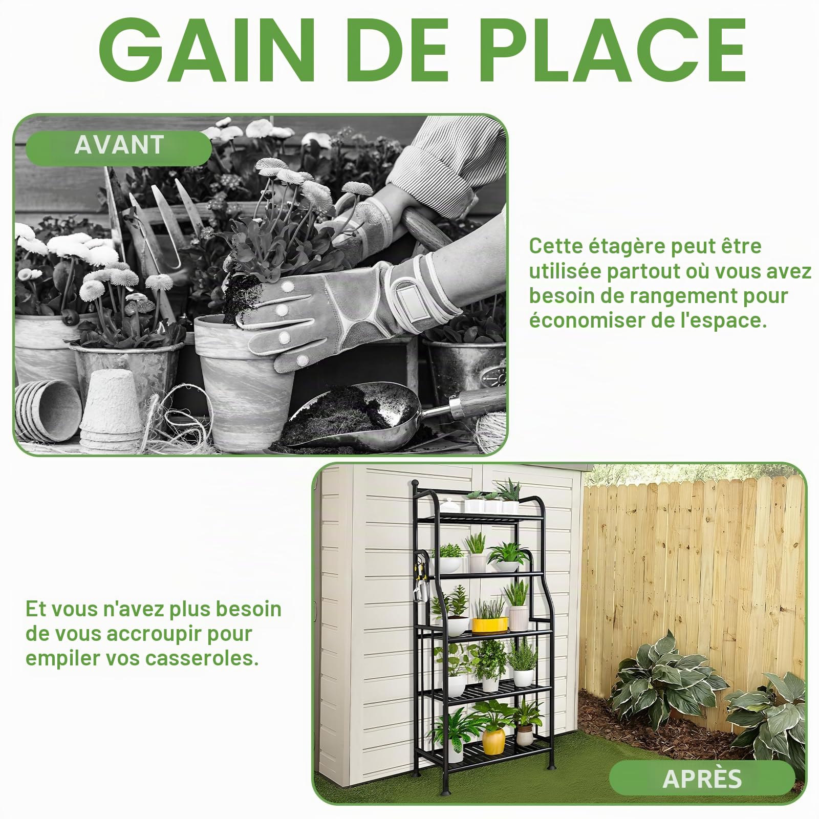 Support Plantes Intérieur, Pot de Fleur Étagère de Rangement avec 10 Crochetsde en Métal à 5 Niveaux, Fer Organisateur de Maison pour l'Extérieure, le Salon de Balcon de Jardin, Noir