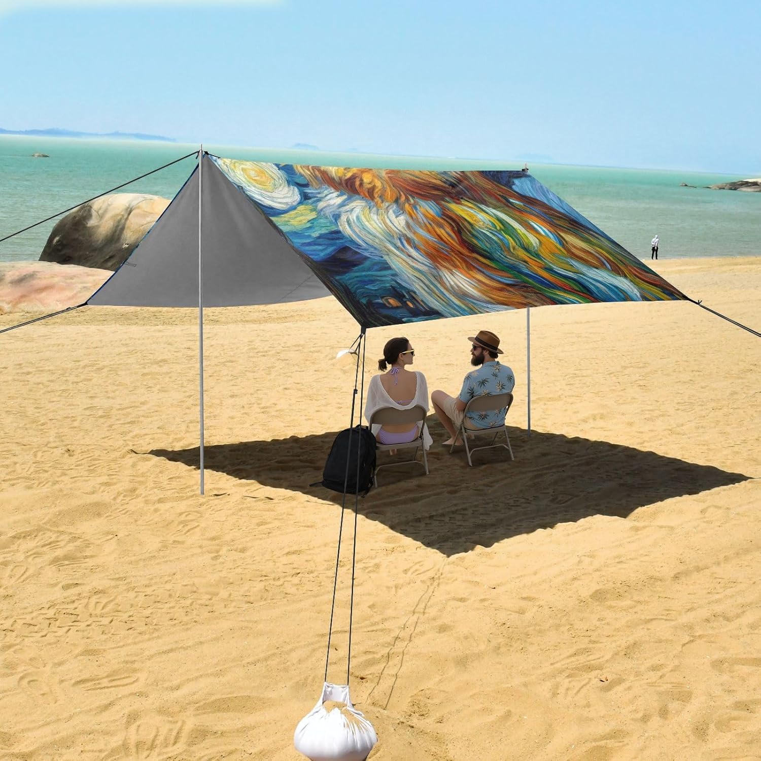 ALAZA Owl Starry Sky Beach Tent Sun Shelter UPF50+ Protection Beach Shade Canopy w/ 4 Sandbags for Outdoor Camping, Fishing, Backyard Fun, Picnic, 10x9 ft