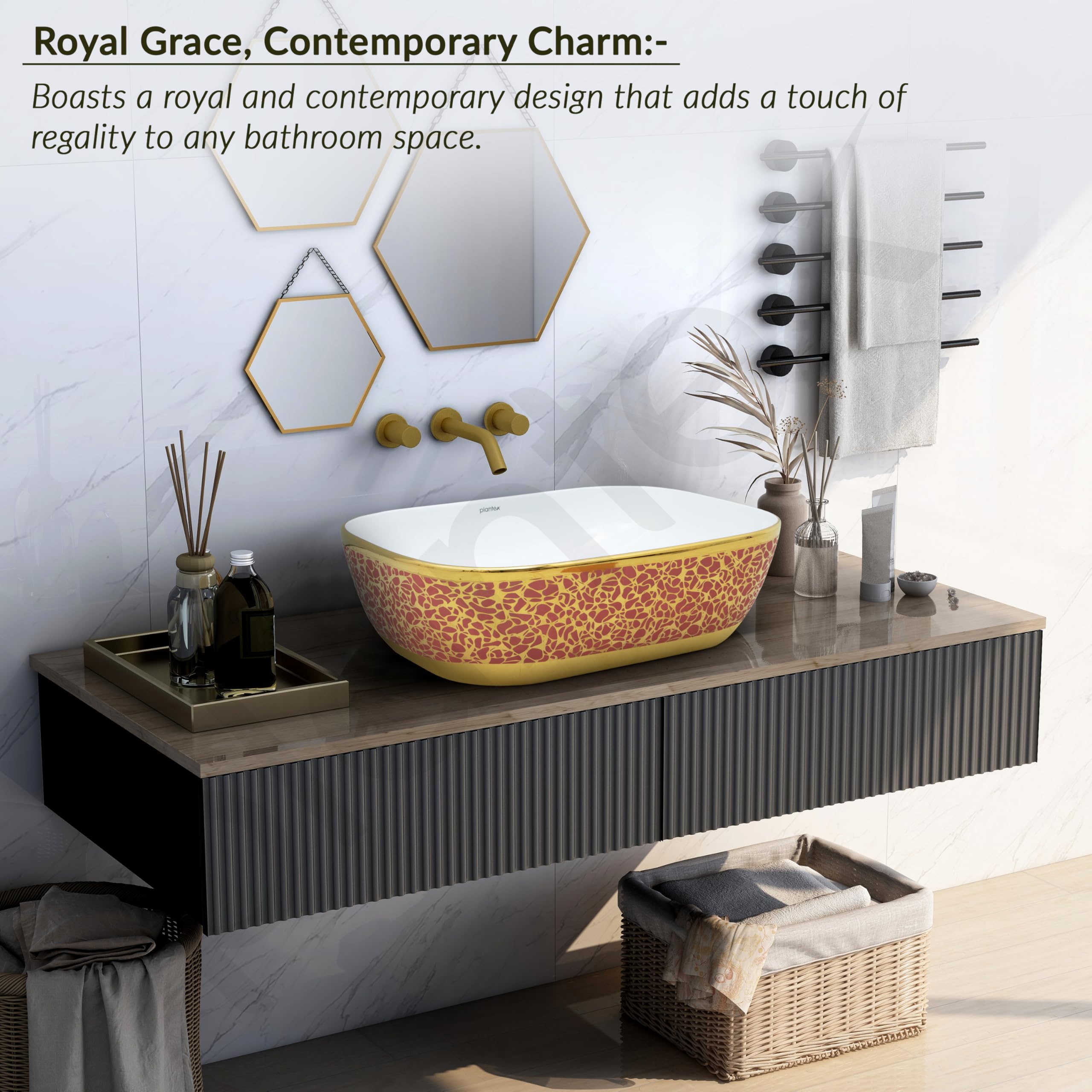 Plantex Ceramic Washbasin for Bathroom/Designer Countertop Basin/Rectangle Tabletop Wash Basin for Home/Office/Hotel (18x13x5 Inch - White & Gold)