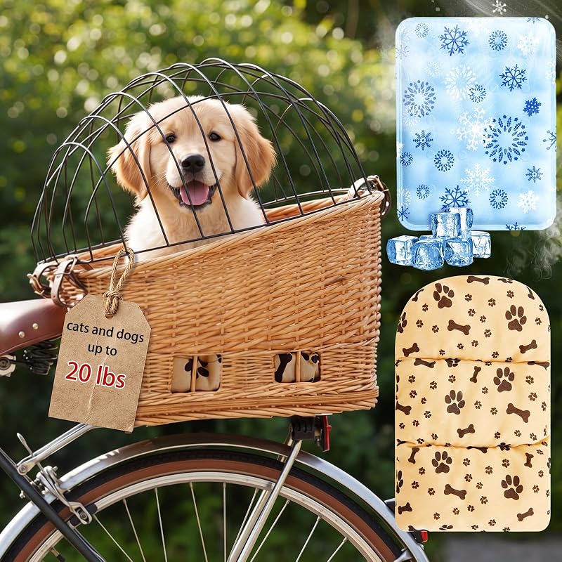 Cesta de Vime para Bicicleta Sunnymove para Cães Pequenos, com Tampa Inclinada