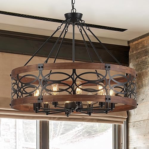 Miniatura 16 de Lámpara colgante de tambor de granja de 4 luces, 12.6 pulgadas, textura de madera natural, candelabros rústicos vintage, lámparas colgantes 12.6in-4