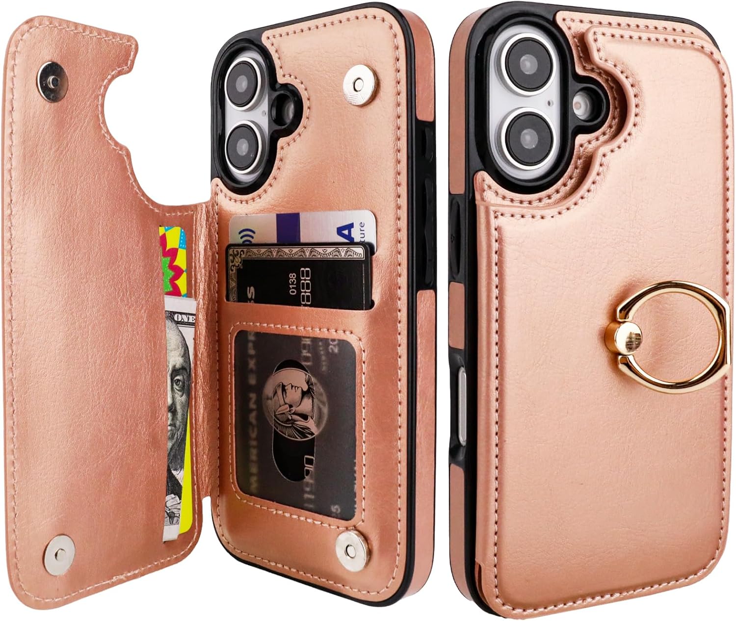 ONETOP for iPhone 16 Wallet Case with Card Holder, 360° Rotation Ring Kickstand RFID Blocking PU Leather Double Magnetic Clasp Shockproof Cover for Women and Girls 6.1 Inch (Rose Gold)