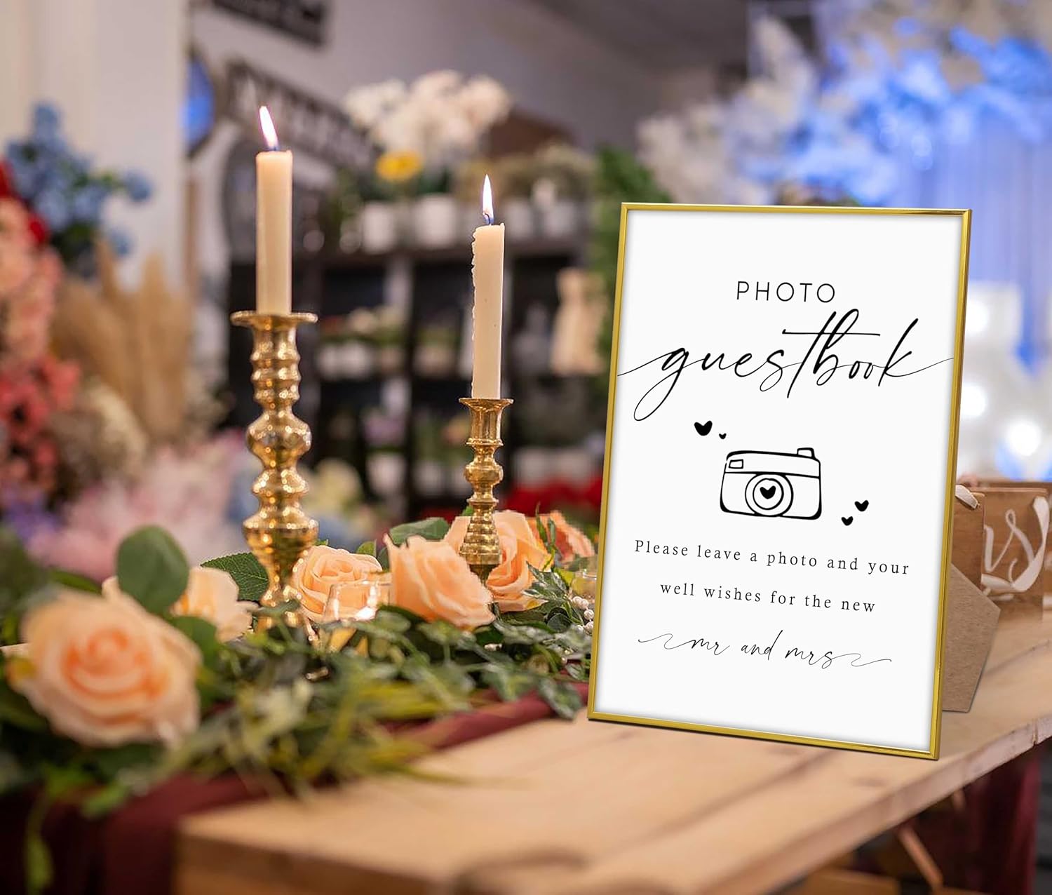 Wedding Photo Guest Book Sign, 8"X 11" Gold Frame Wood Wedding Sign with Stand, Bridal Shower Guest Book Alternative, Engagement Party Decorations, Favors for Ceremony and Reception-5 - Image 3