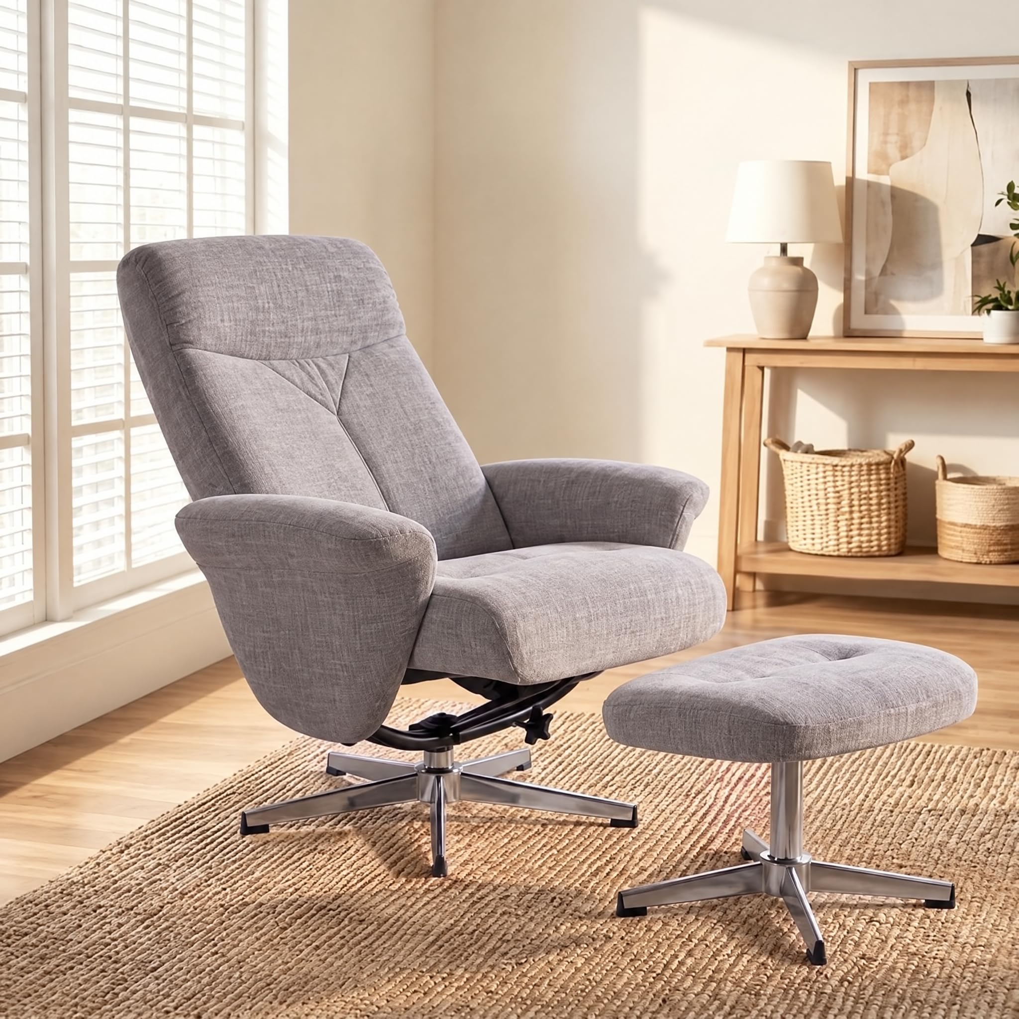 Swivel Chenille Recliner Chair with Ottoman, Manual Armchair, Grey