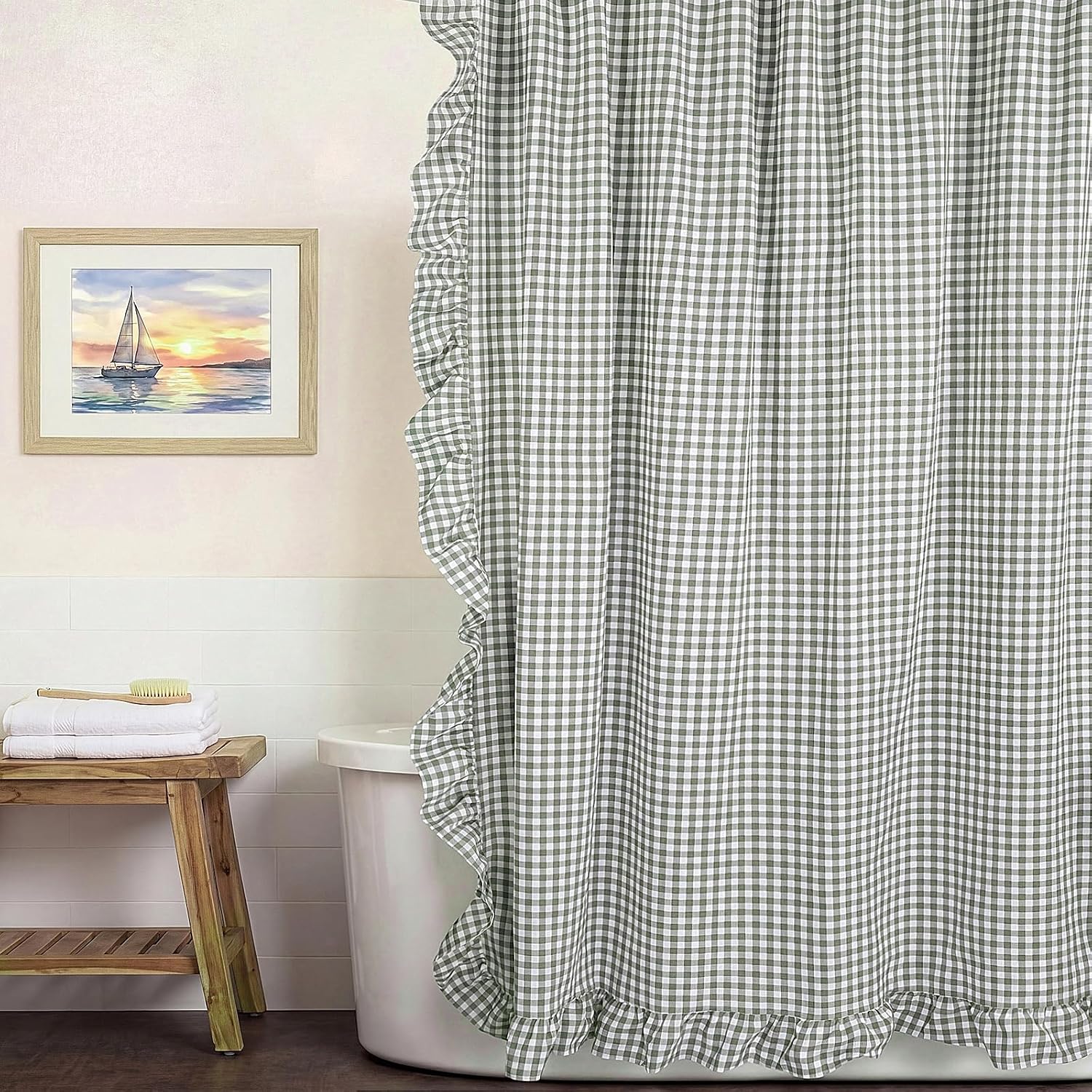 HunnmingRe Ruffled Gingham Shower Curtain Sage Green