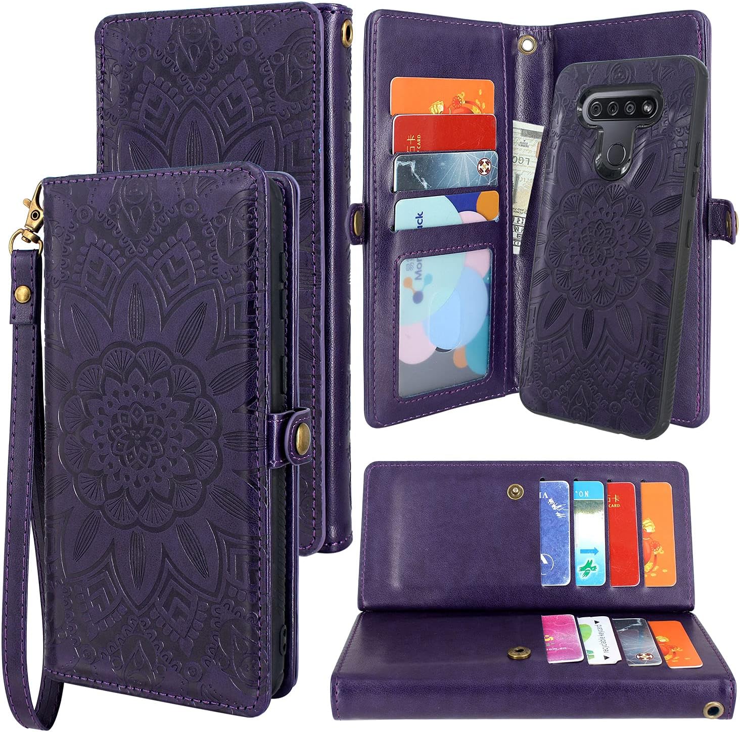 Harryshell Detachable Magnetic 12 Card Slots Wallet Case Shockproof PU Leather Flip Protective Cover Wrist Strap for LG K51 / LG Reflect (Flower Purple)
