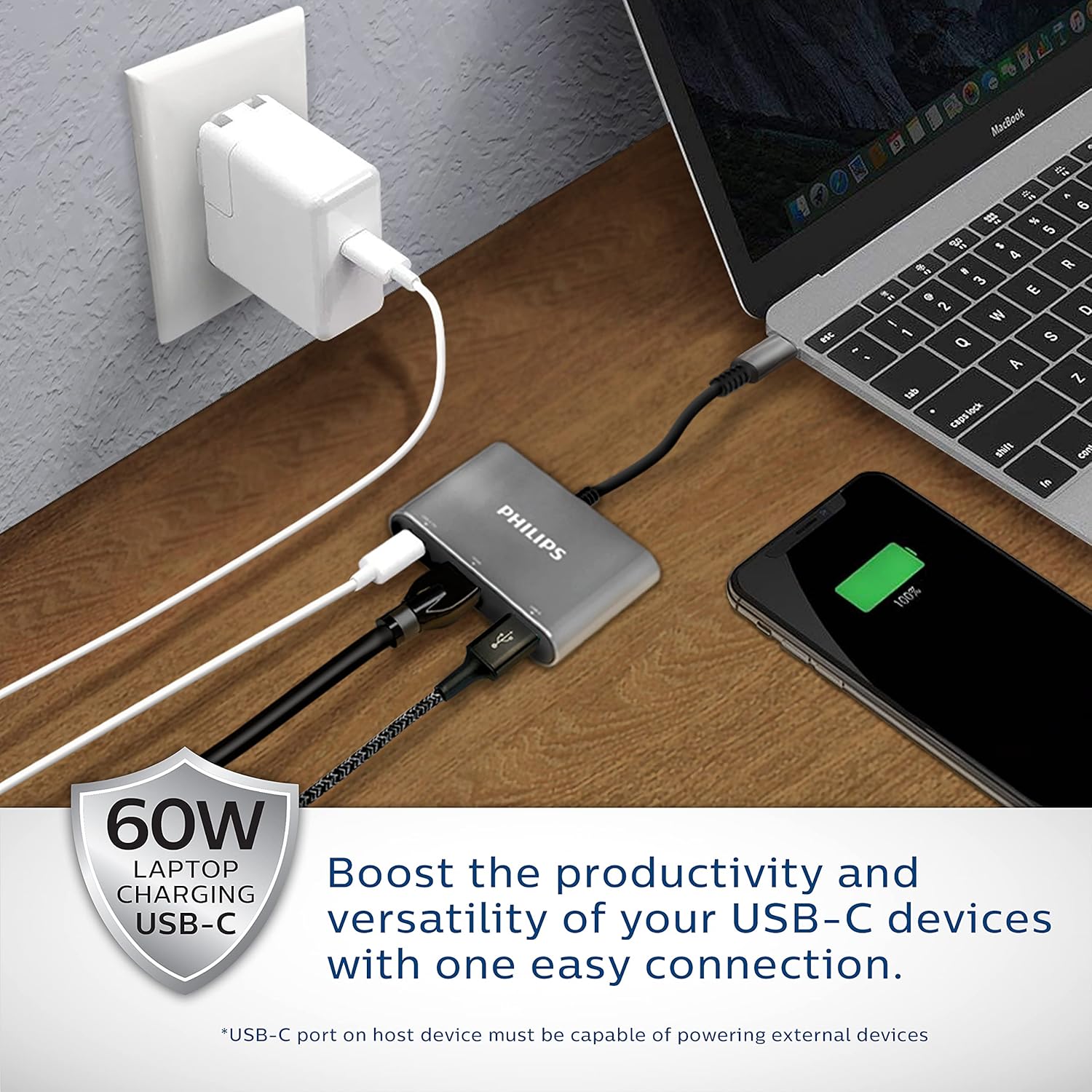 Philips USB C Hub to Multiport Adapter, 3 in 1 Power Pass Through, HDMI 4k@30Hz, 60W USB C Charging Port, 5Gbps USB 3.0 Port for MacBook Pro, MacBook Air, UCB C Laptop Docking Station, DLK9220C/27