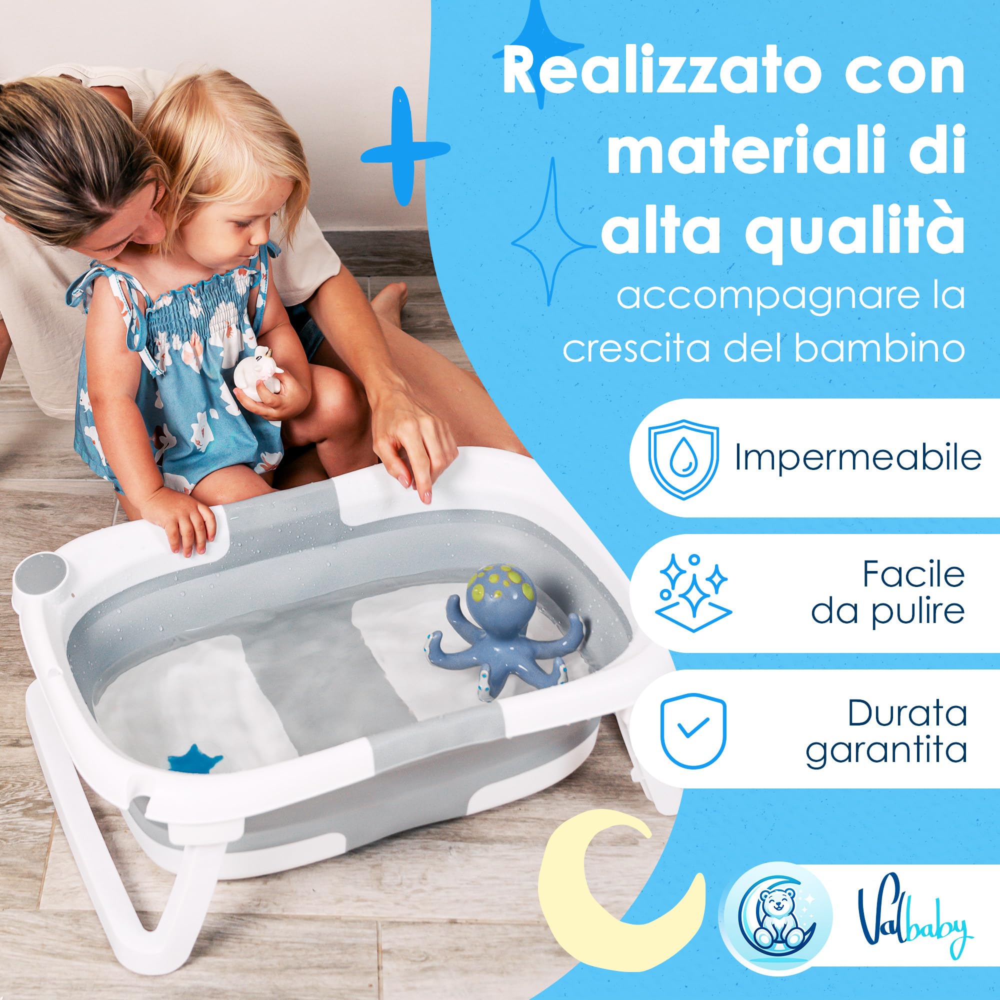 Vaschetta Bagnetto Neonato Pieghevole 0-3 Anni con Cuscino Antiscivolo Ergonomico - Vasca da Bagno Neonati Portatile e Compatta Facile da Pulire Bambini 0-3 Anni - Baby Bath Tub Sicuro | VALBABY