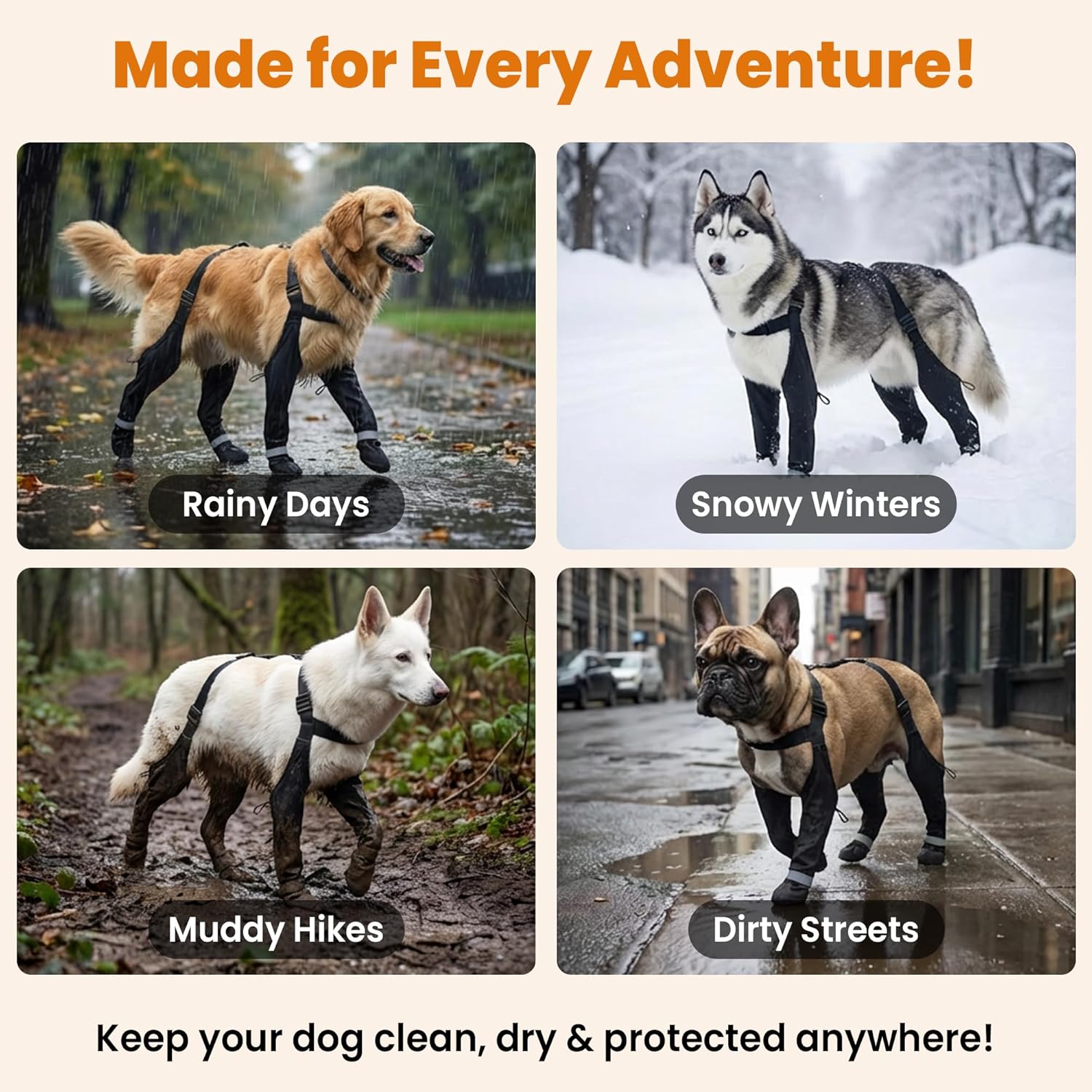 Dog Leg Protectors with Chest Harness, Waterproof Leggings with Paw Boots and Suspender System, Black, Full Body Protection for Rain Snow Mud (Extra Large)