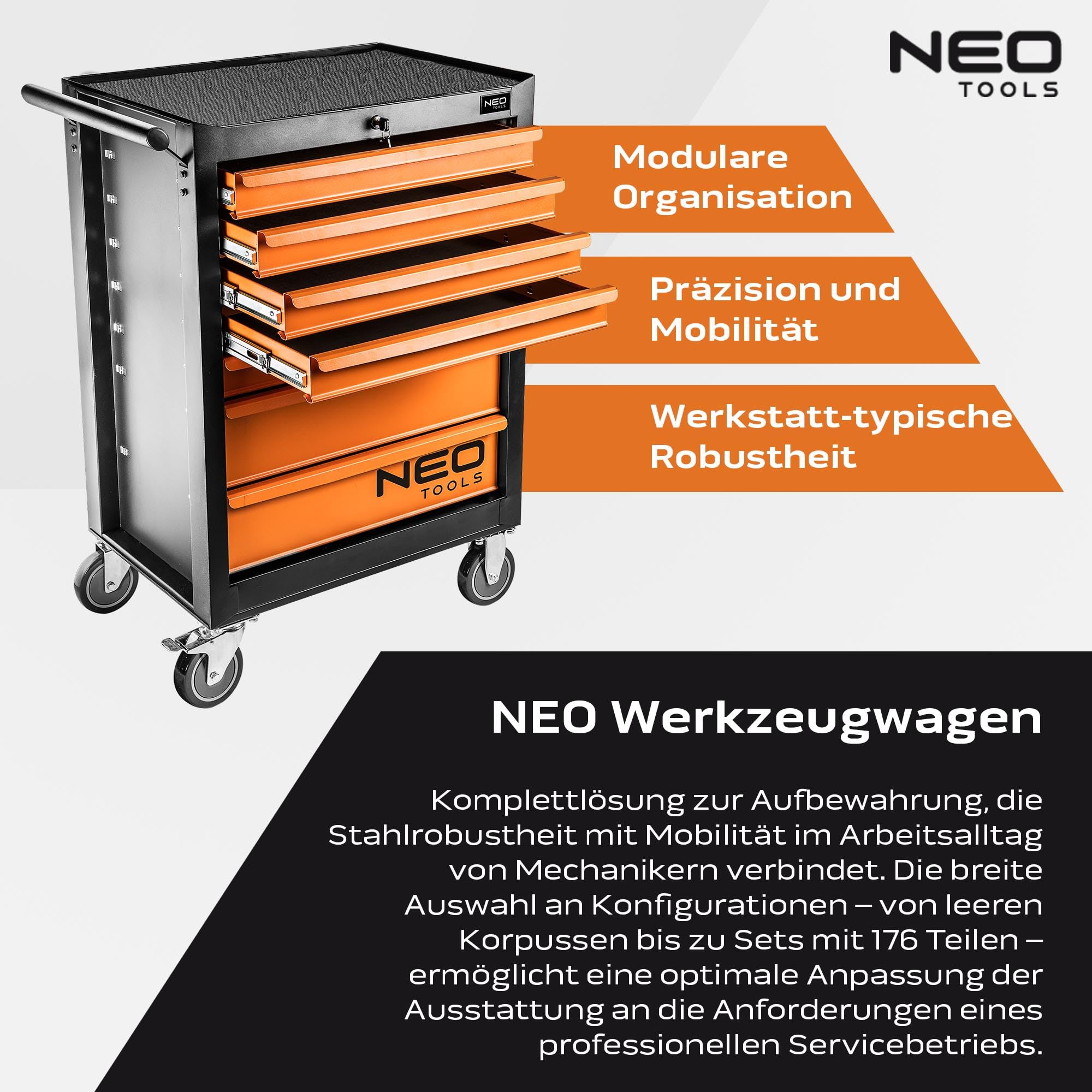 NEO TOOLS Werkzeugschrank 680x460x1030 mm, 7 Werkzeugschubladen, Belastbarkeit 280 kg, öl- und fettbeständiges Oberteil, Zentralverriegelung, Schubladenverriegelung, 5"-Lenkrollen mit Feststellern