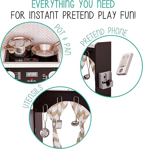 Miniatura 7 de Lil' Jumbl Juego de cocina de esquina para niños, cocina de lujo de madera de simulación, máquina de hielo a pilas, estufa y grifo con sonido