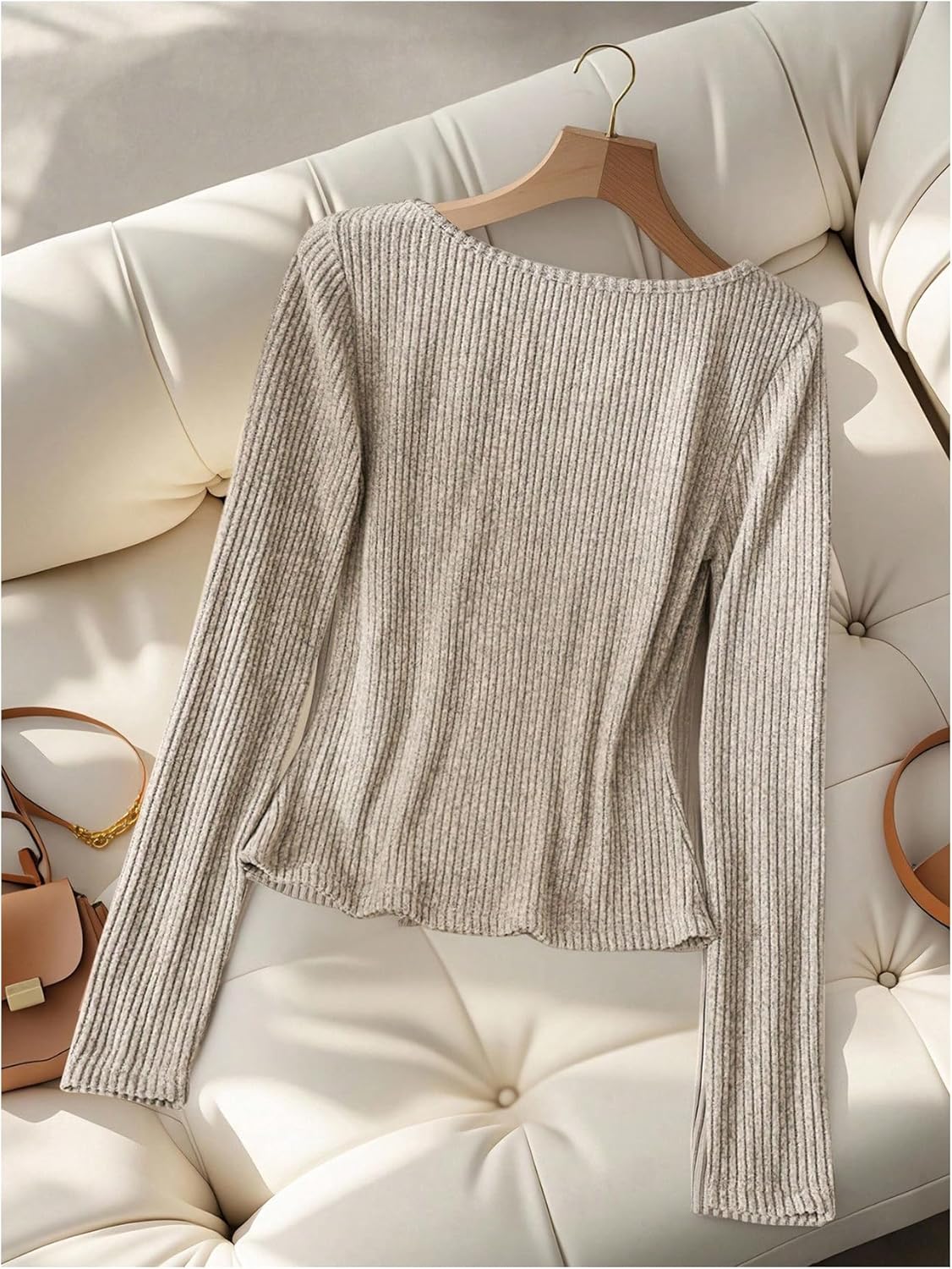 Women's Button Front Scoop Neck T Shirts Fall Long Sleeve Ribbed Knit Dressy Casual Tops - Image 2