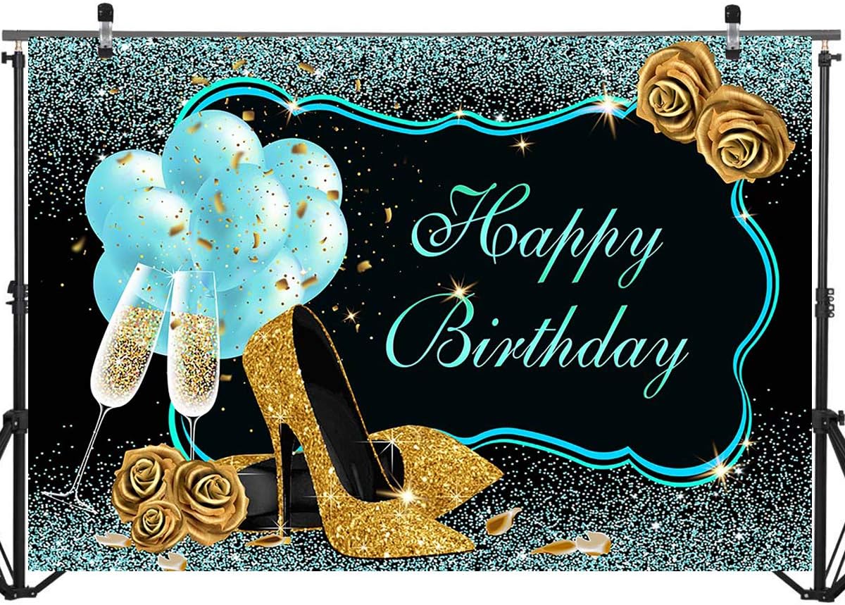 Authentic Crazy Deals Mocsicka Teal Gold Happy Birthday Backdrop Glitter Turquoise Balloons High Heels Champagne Woman's Birthday Photo Backdrops Sweet 16th 21st 30th 40th Bday Photography Background (8x6ft)