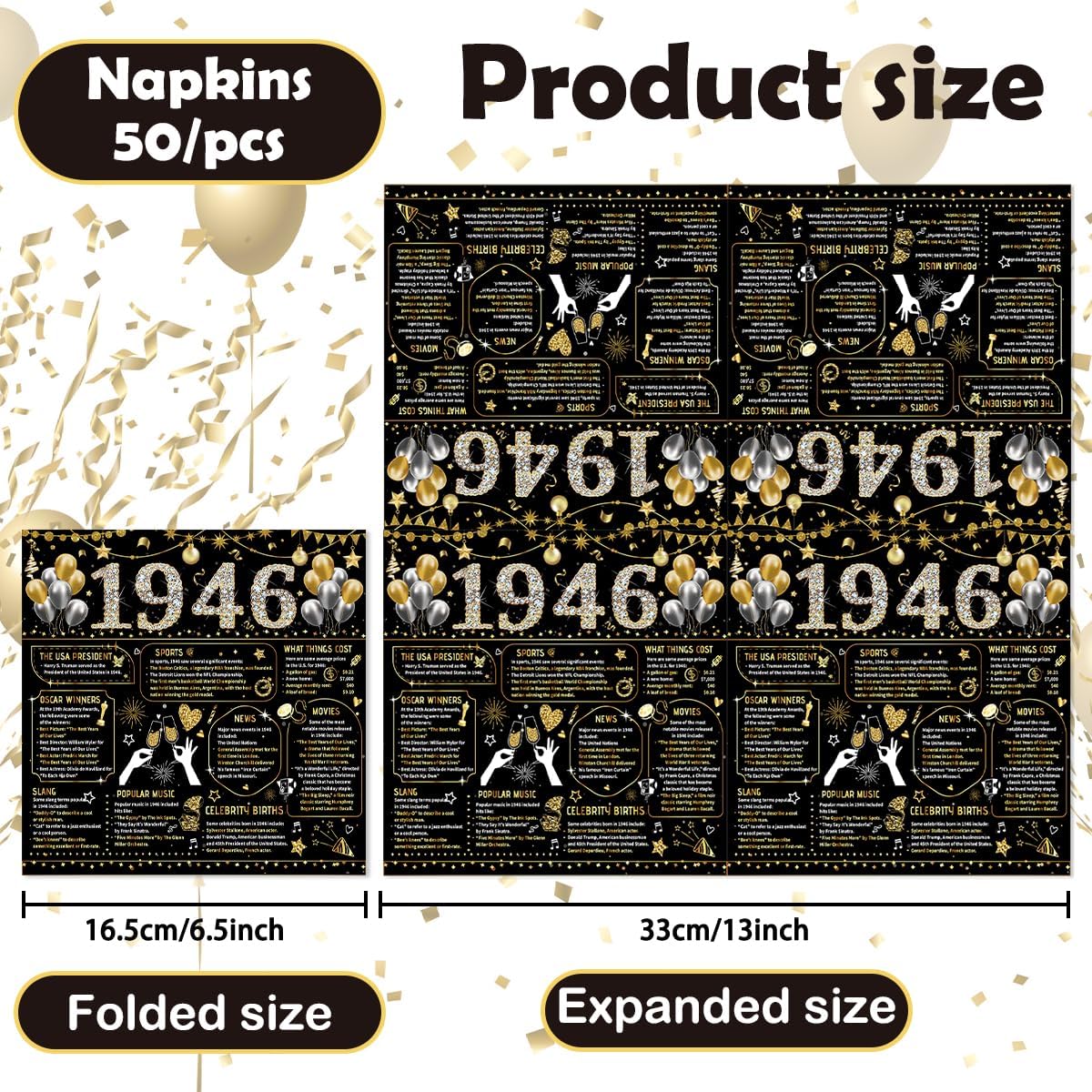 50 PCS 80th Birthday Napkins - 80th Birthday Decorations for Women Men 80th Anniversary Decorations Disposable Napkins Vintage 1946 Black Gold (6.5 x 6.5 In)