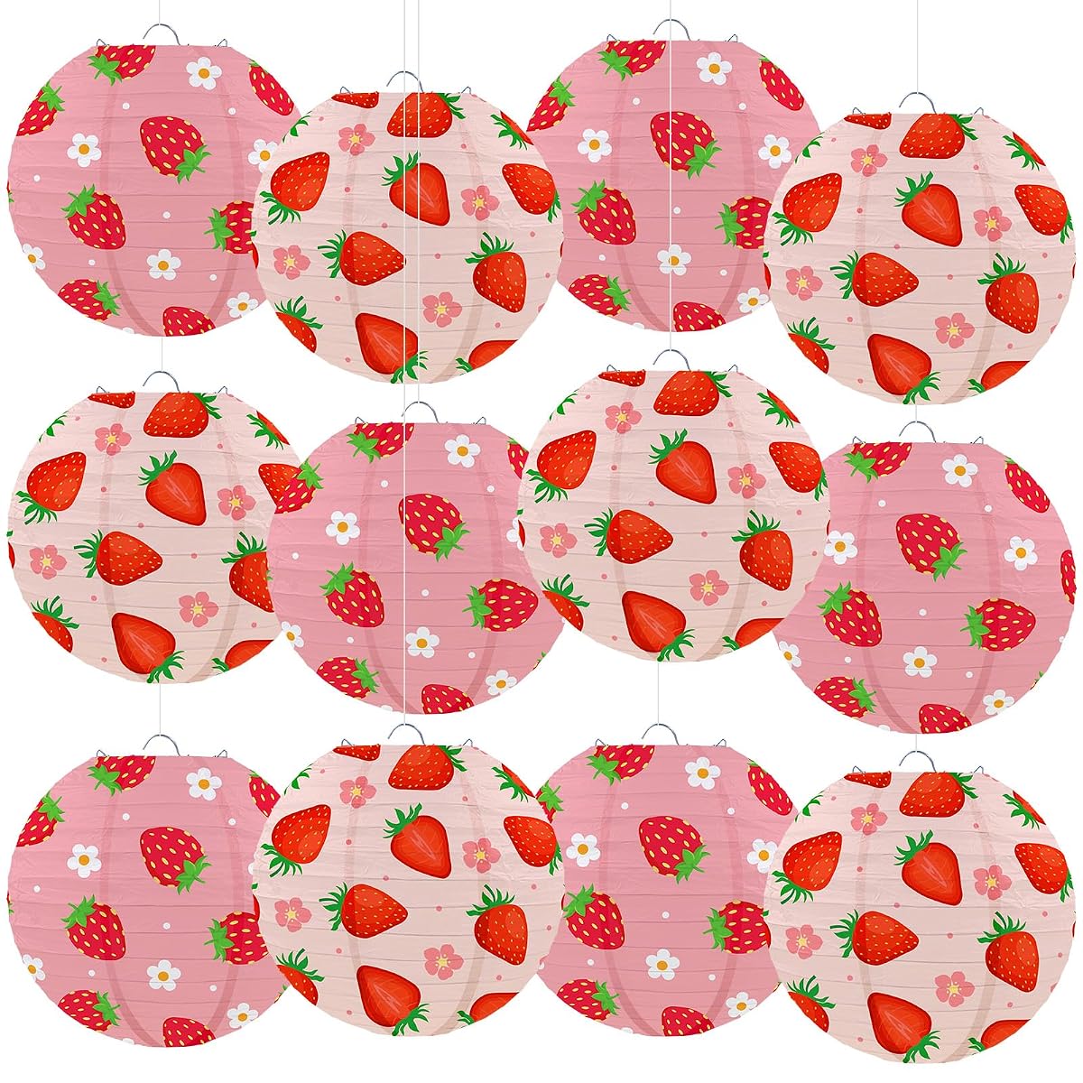 Honoson 12 Pcs Red Pink Strawberry Paper Lanterns Strawberry Party Decoration