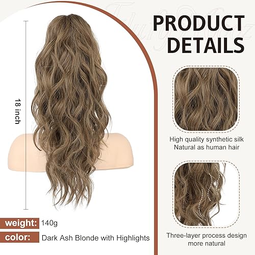 Miniatura 2 de Flufymooz Extensión de cola de caballo, extensión de cola de caballo con clip de garra de 18 pulgadas, cabello ondulado y rizado con clip, cola de