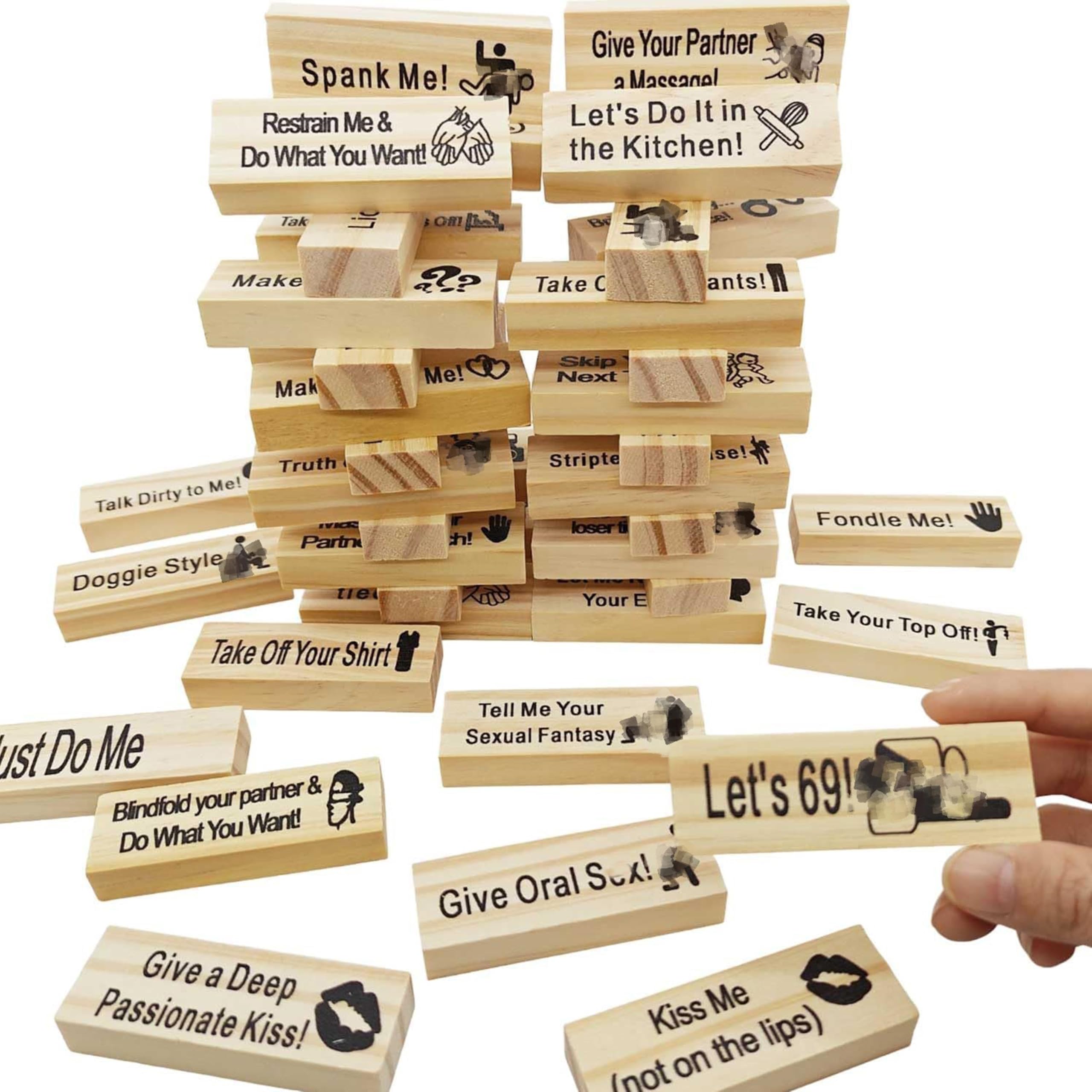 Photyri Naughty Tower Game for Couples - 48 Pcs Adult Stacking Blocks for Date Night, Lust Tumbling Wooden Tower, Fun Intimate Party Games & Wedding for Him or Her (48P A)