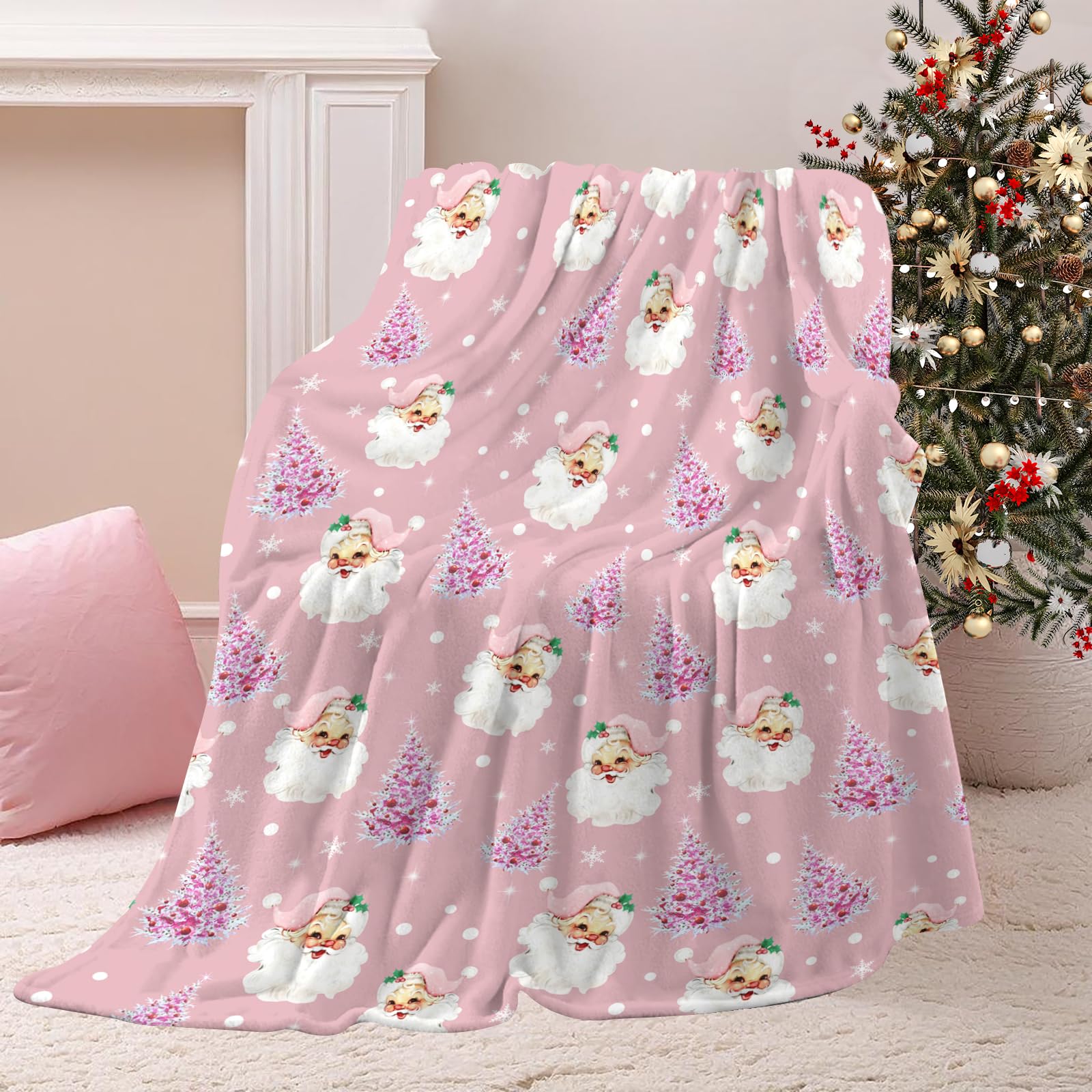 Soft Pink Christmas Blanket,Cute Santa Claus Snowflake Holiday Blankets, Cozy Pink Christmas Blankets Throw for Couch Bed, Seasonal Winter Xmas