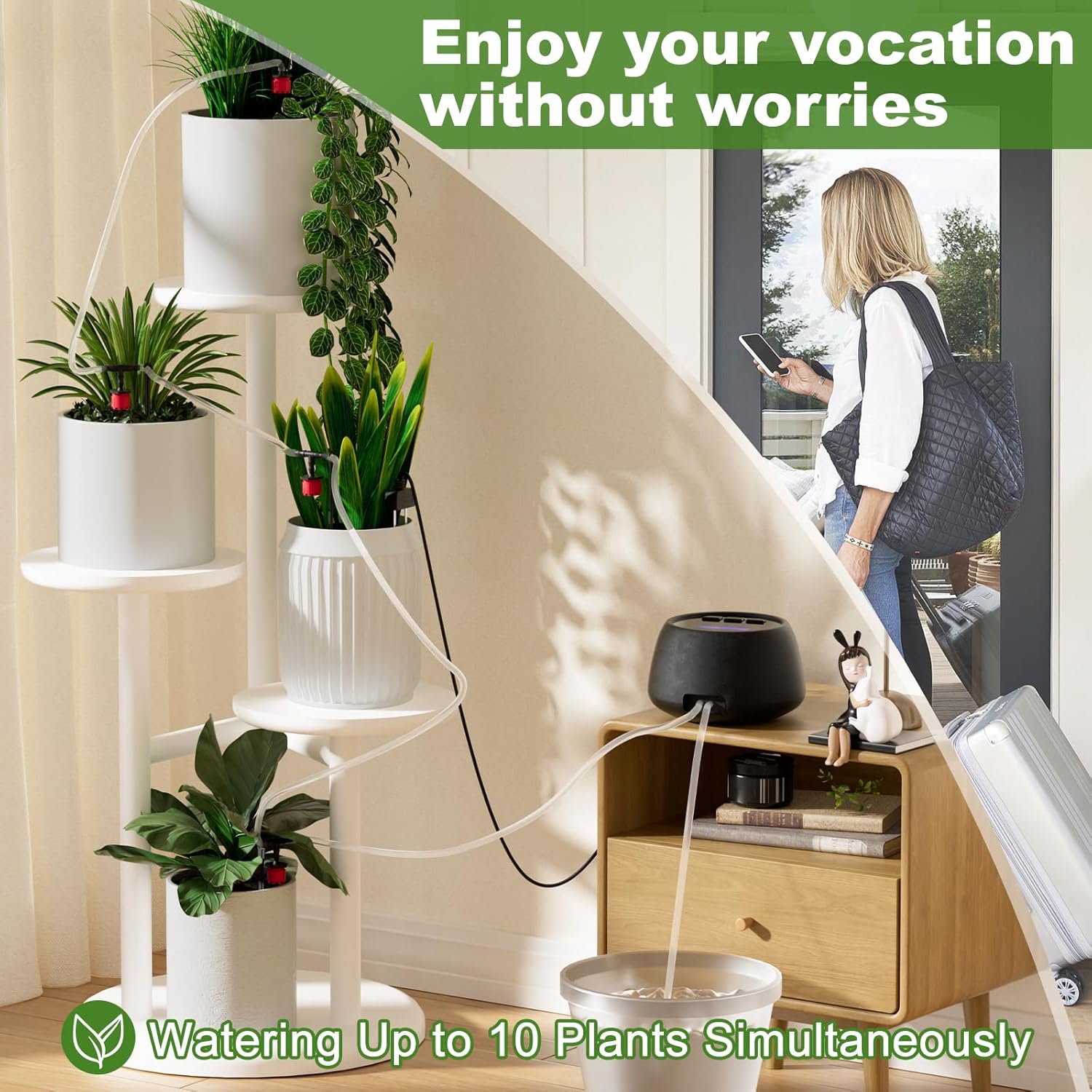 Automatic Watering System for Potted Plants, Self Watering System with Auto&Manual Mode, Automatic Drip Irrigation Kit with Humidity Detection 1000mAh,Travel(Black)