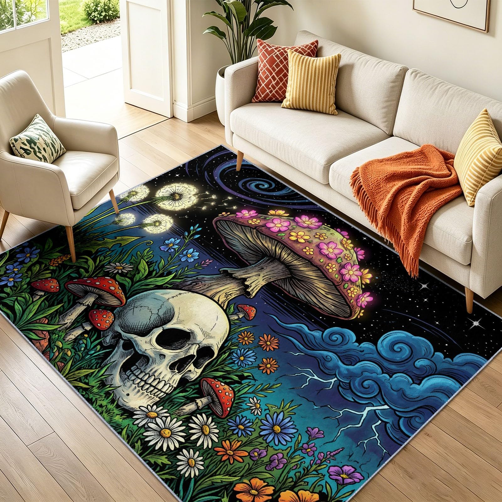 Tapis de Sol Jardin Gothique - Lavable en Machine Antidérapant Tapis à Poils Courts - Crâne Champignon Fleur Sauvage - Doux Moquette pour Chambre Salon Salle a Manger Bureau Bleu Vert 90x150 cm