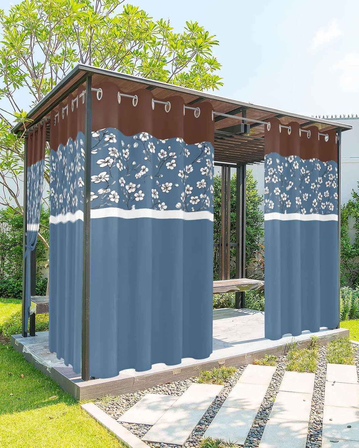 Blue Brown Flowers Outdoor Curtains for Patio Waterproof,Windproof Privacy Curtains with Weighted Bottom,Classic Botanical Art Elegant Outside Drapes for Picnic Garage Backyard Cabana 54"x108" 1 Panel