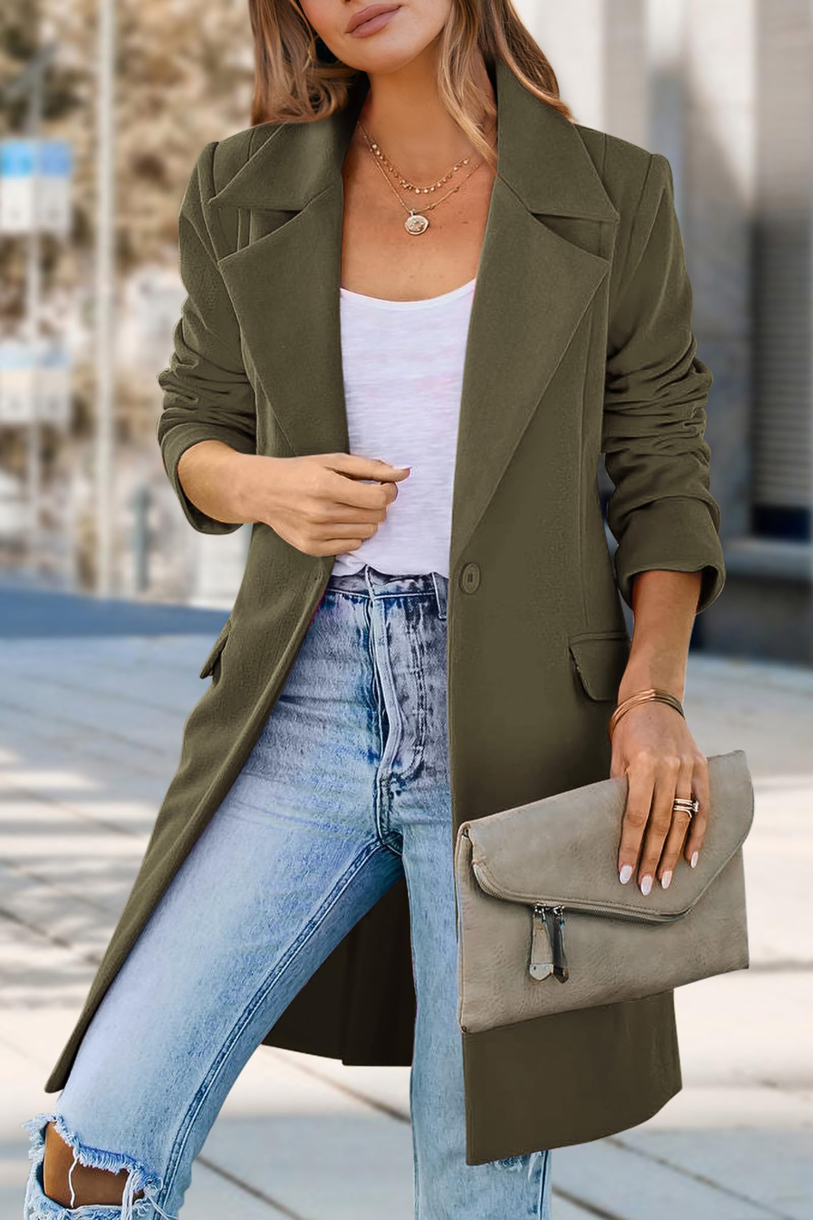 PRETTYGARDEN Women's Business Casual Long Blazer Jackets(Army Green,S) view 3