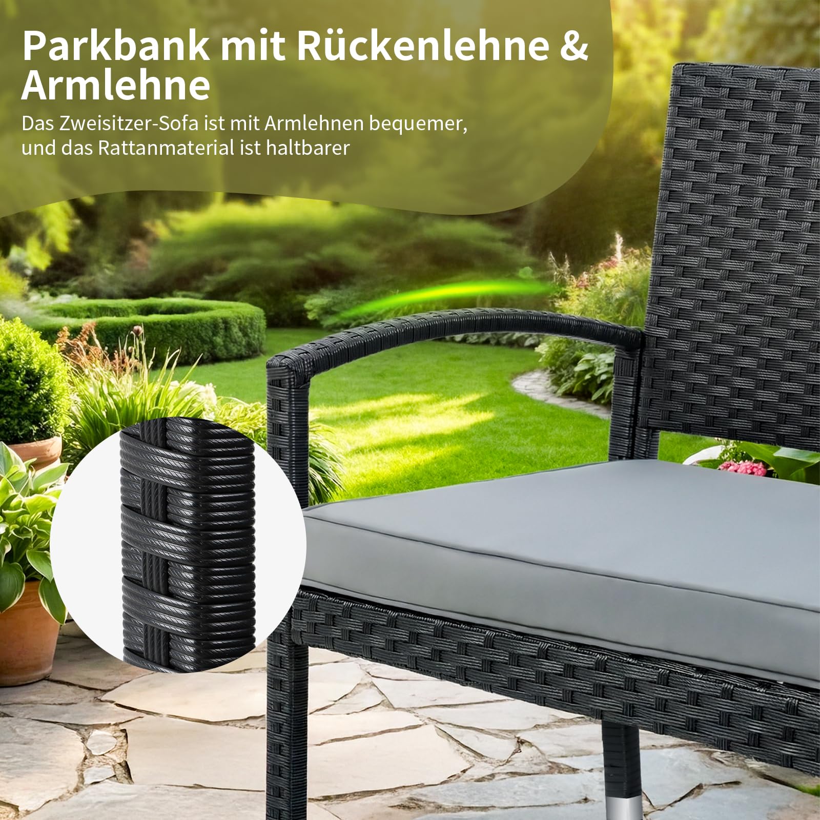 LIFERUN Gartenbank Wetterfest mit Sitzkissen, 2 Sitzer Polyrattan Sitzbank, 320kg Belastbar, Gemütliche Gartenmöbel Bank Outdoor, 122x60x90cm, Balkonbank für Kleinen Balkon, Garten, Terrasse, Schwarz