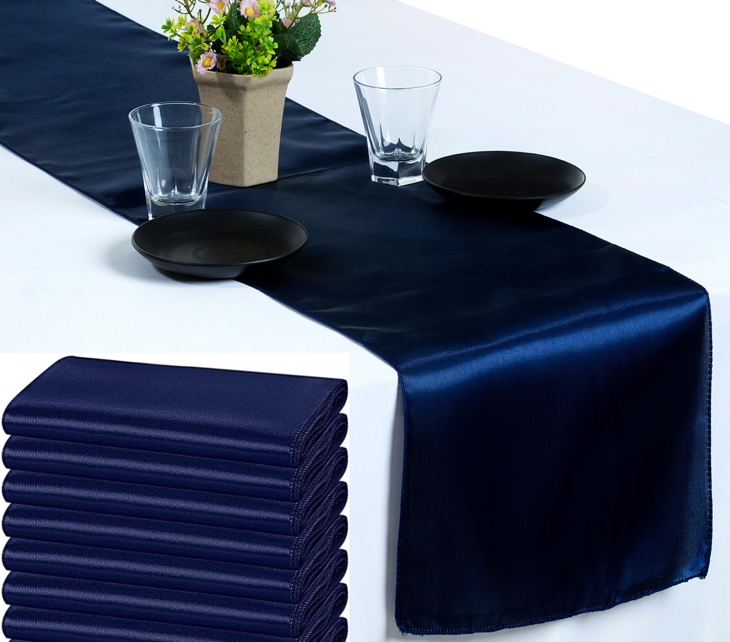 VDS Pack of 15 Satin Table Runners for Wedding & Party Décor 12” x 108”, Smooth Glossy Sateen Fabric Runner, Dining Table Decoration for Reception Banquet & Events Hotel Restaurant - Navy Blue — image 1