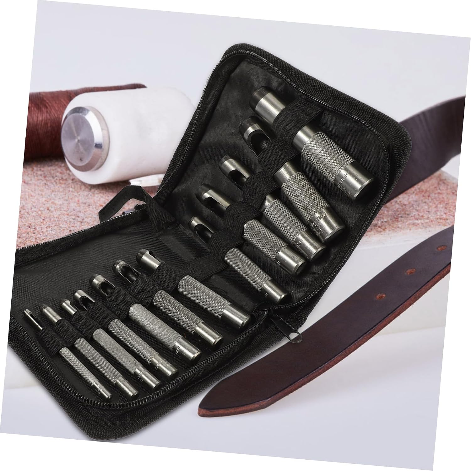 Mikinona 12pcs Leather Hole Punch Set, Belt Hole Puncher with 3-19mm Hollow Punch Tools for DIY Leather Craft, Carving, and Belt Making